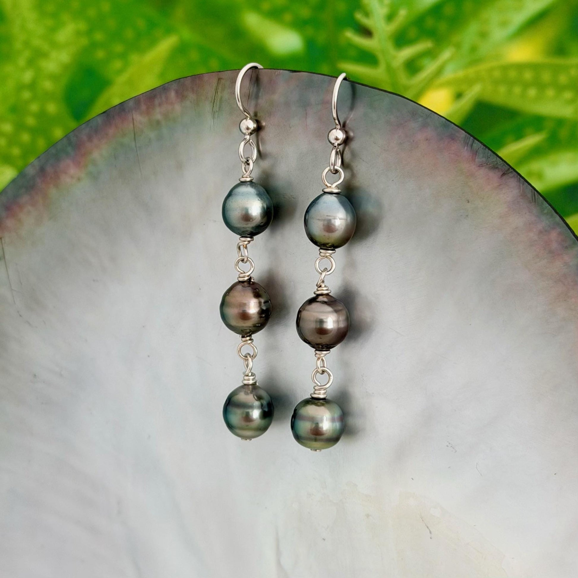 Tahitian Pearl Earrings • Triple Drop Dangle • Sterling silver Jewelry