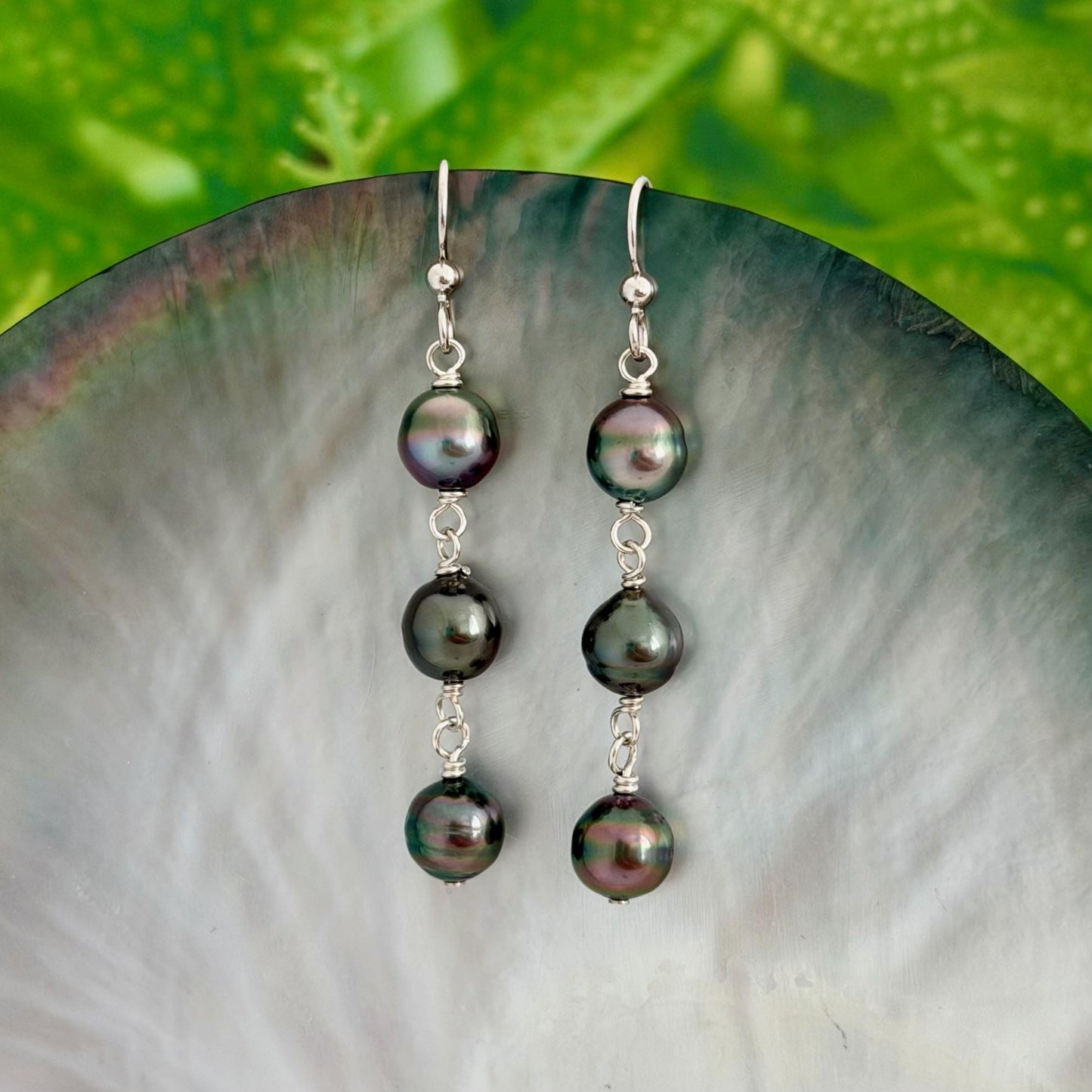 Tahitian Pearl Earrings • Triple Drop Dangle • Sterling silver Jewelry