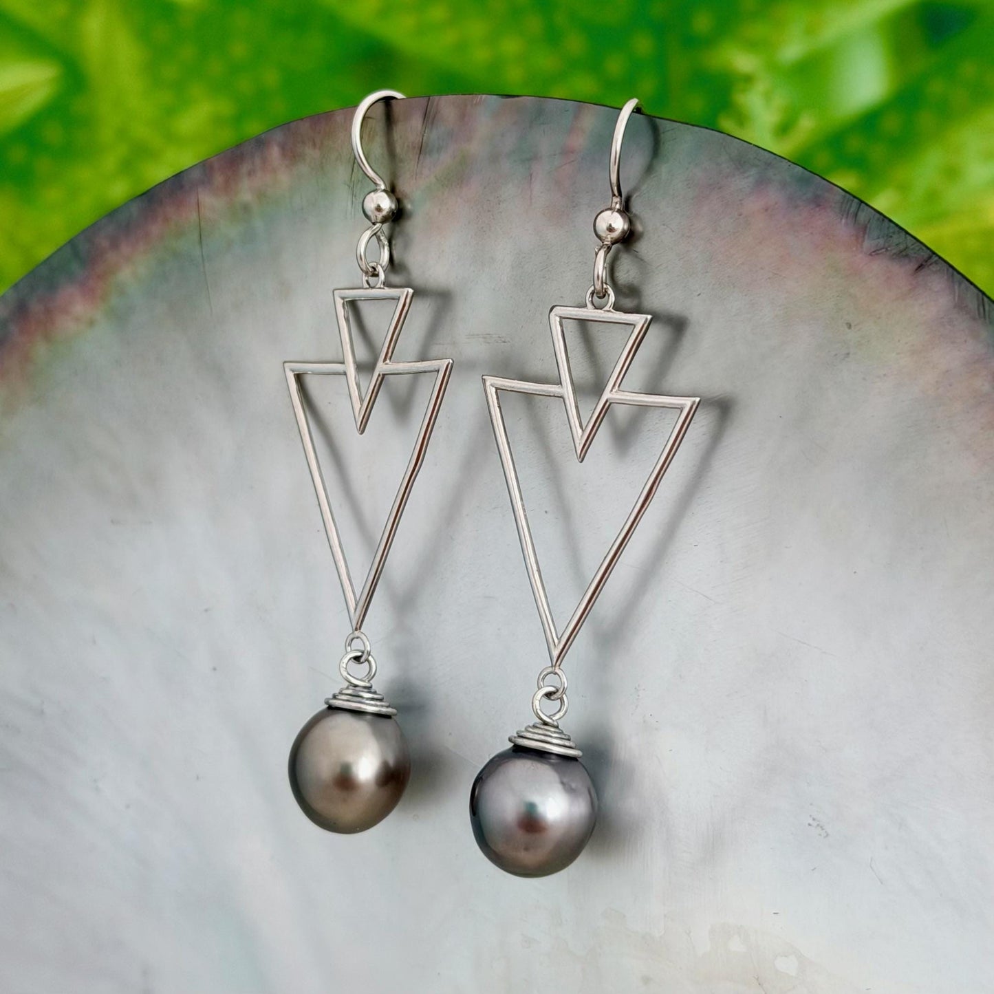 Tahitian Pearl Earrings – Triangle Design • Sterling silver Jewelry
