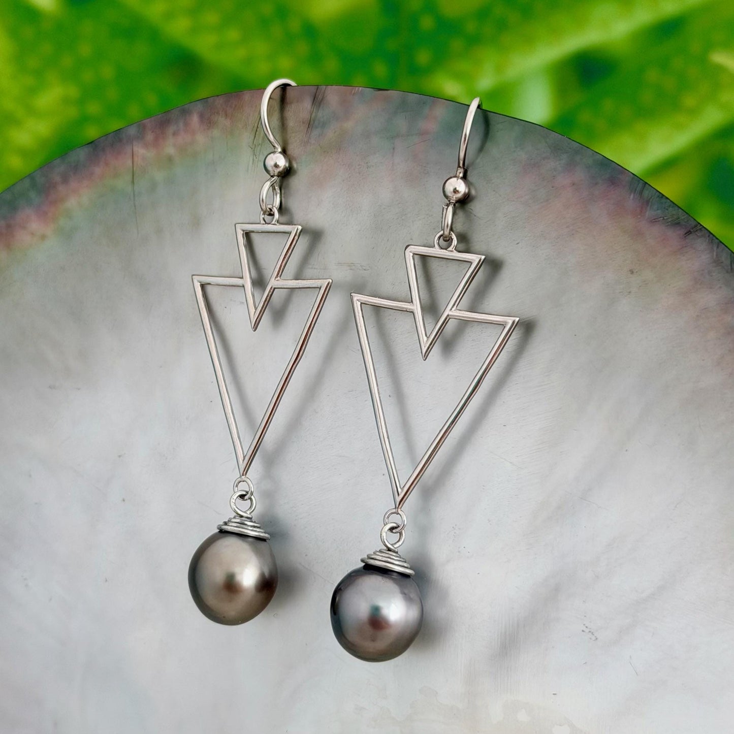 Tahitian Pearl Earrings – Triangle Design • Sterling silver Jewelry