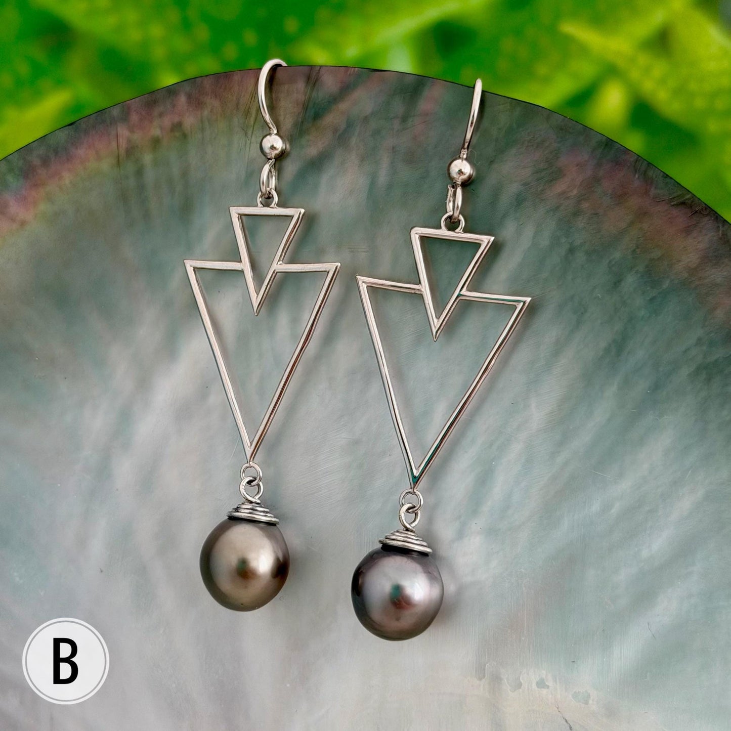 Tahitian Pearl Earrings – Triangle Design • Sterling silver Jewelry