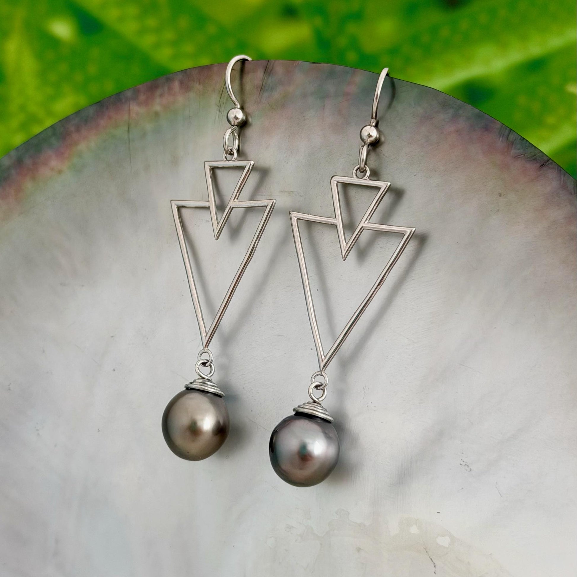 Tahitian Pearl Earrings – Triangle Design • Sterling silver Jewelry