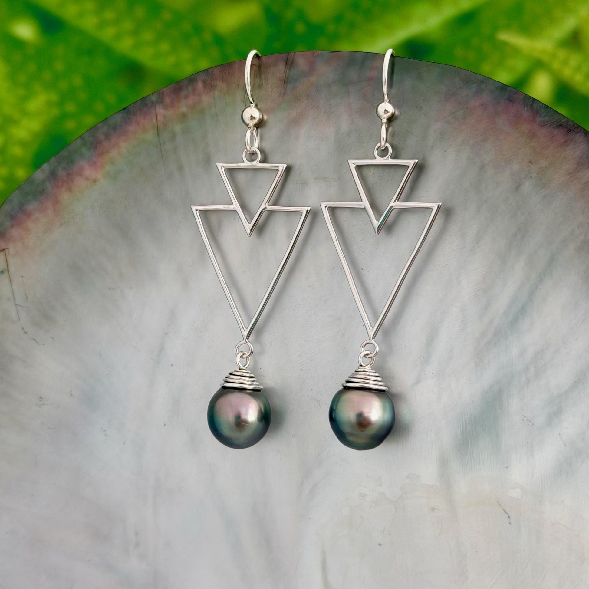 Tahitian Pearl Earrings – Triangle Design • Sterling silver Jewelry