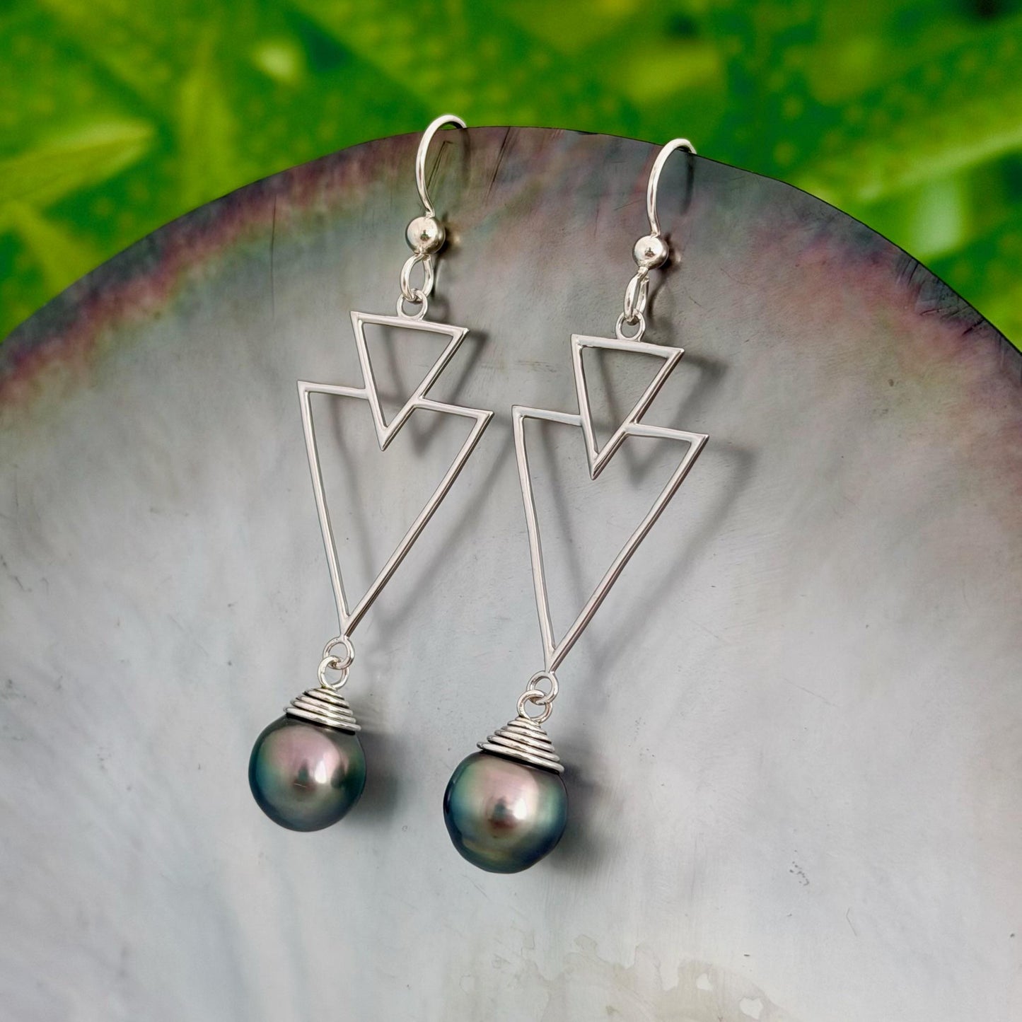 Tahitian Pearl Earrings – Triangle Design • Sterling silver Jewelry