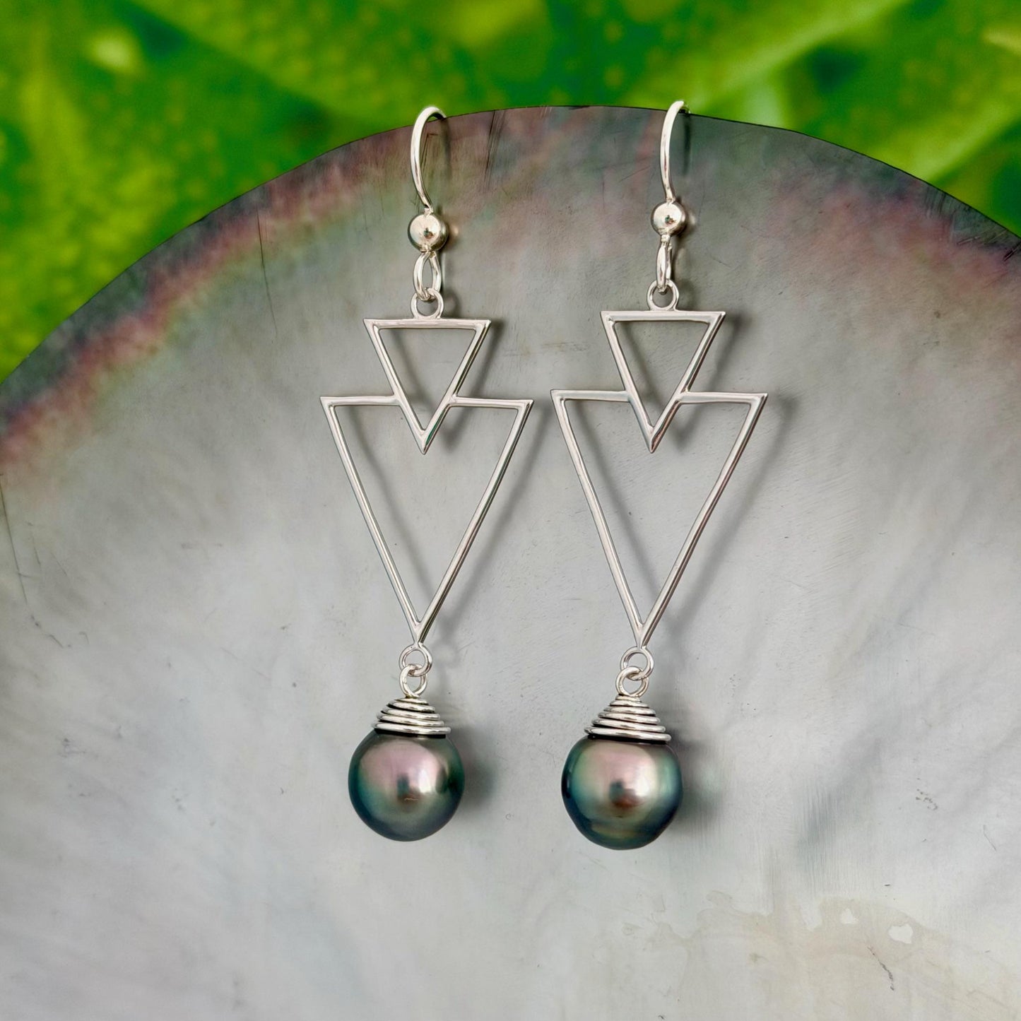 Tahitian Pearl Earrings – Triangle Design • Sterling silver Jewelry