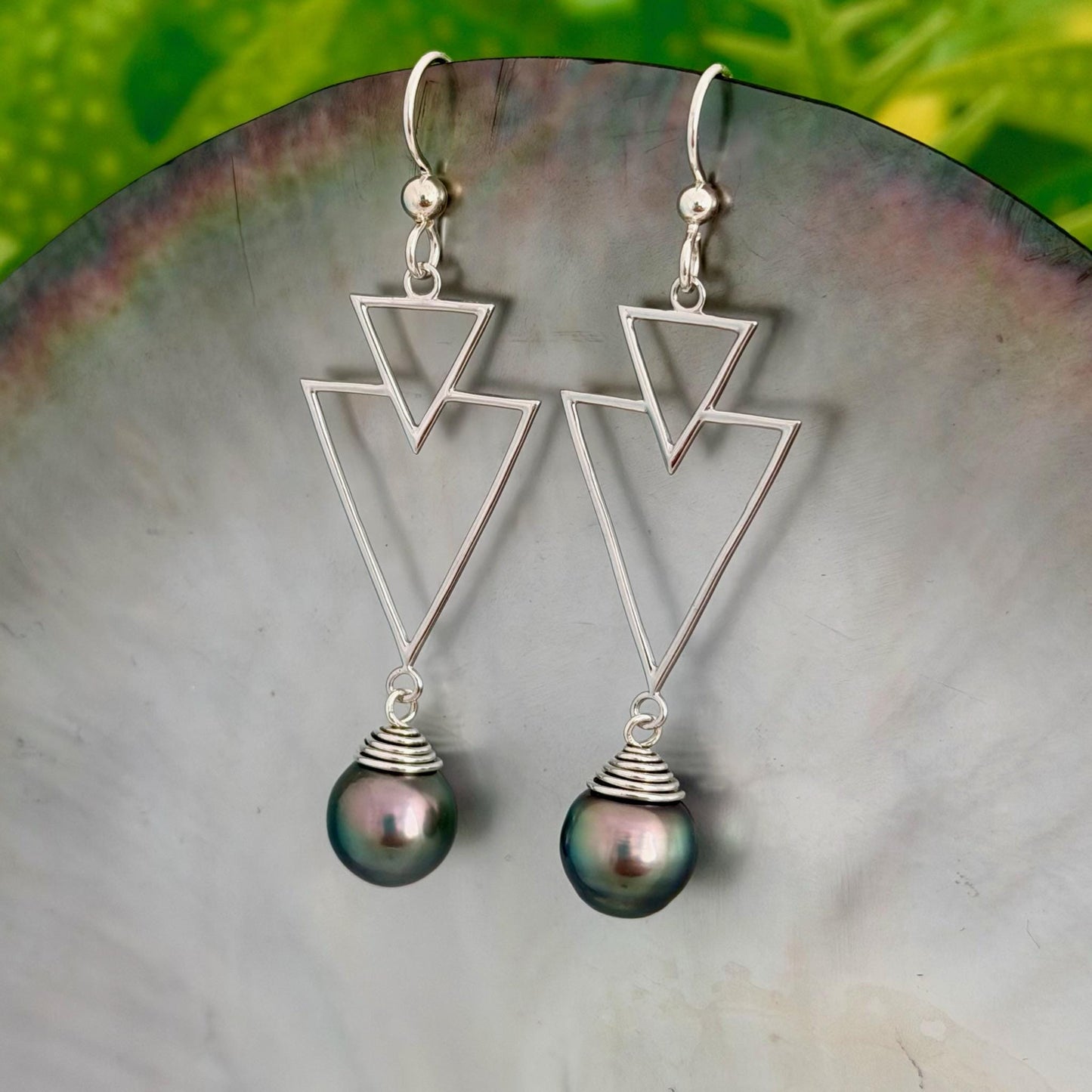 Tahitian Pearl Earrings – Triangle Design • Sterling silver Jewelry