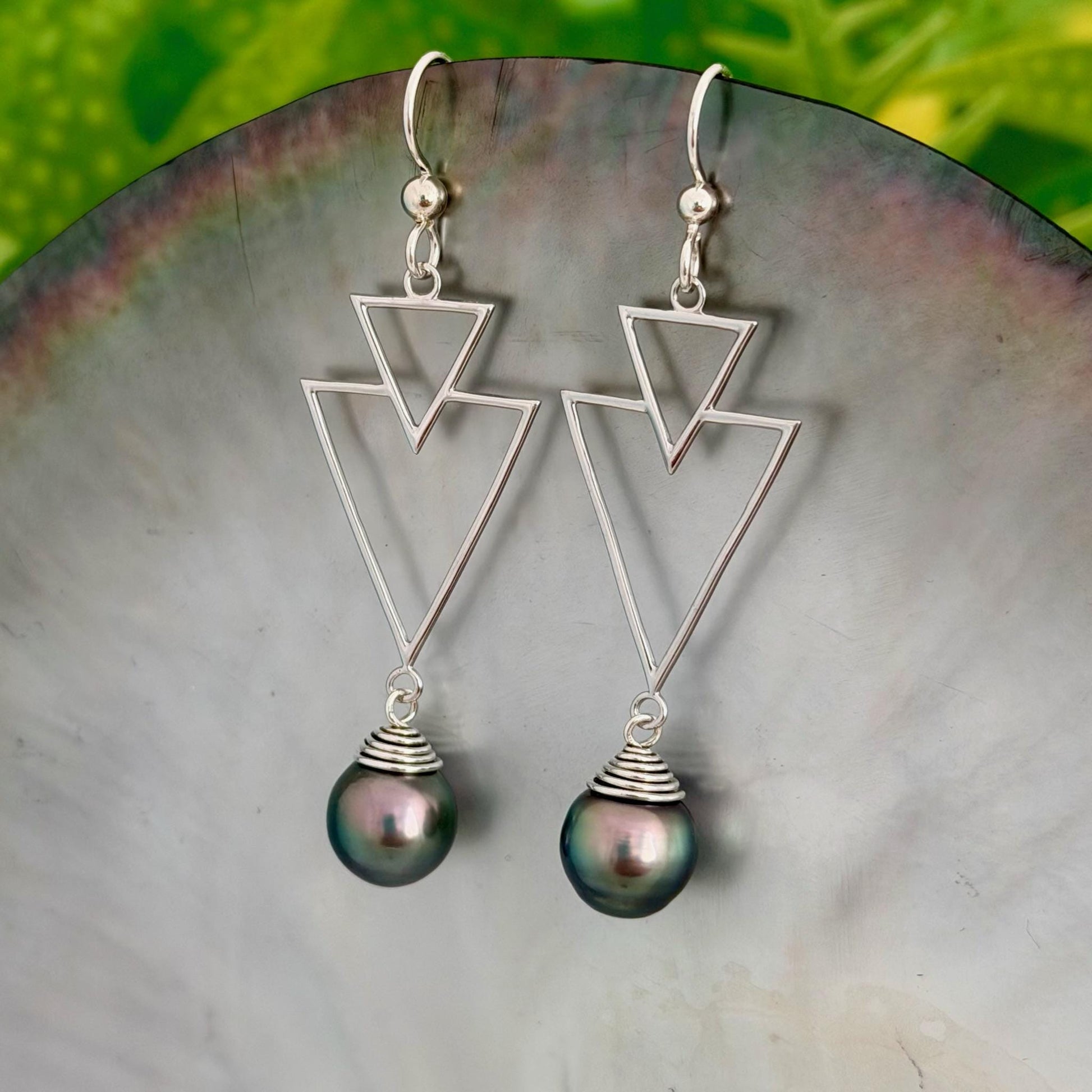 Tahitian Pearl Earrings – Triangle Design • Sterling silver Jewelry