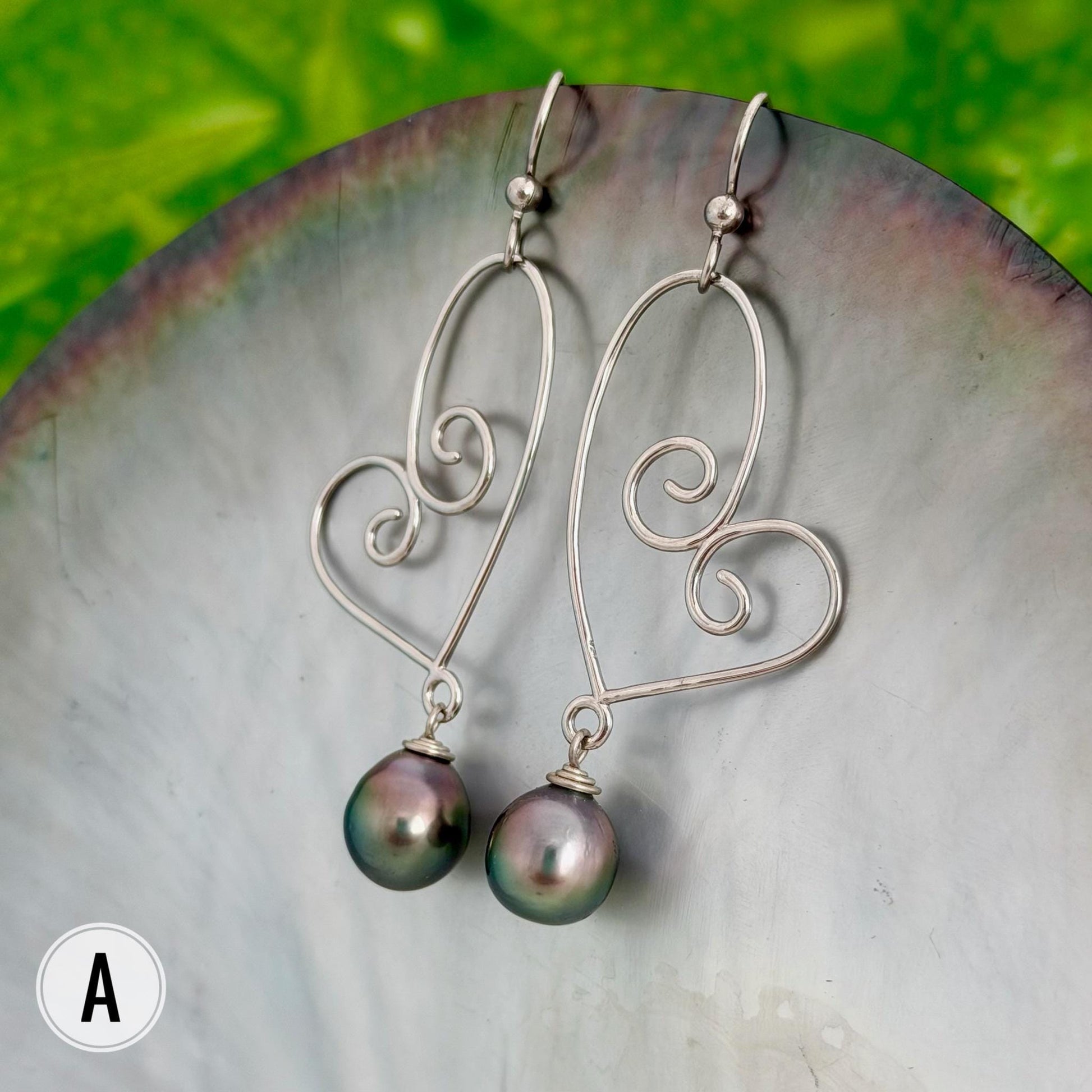 Tahitian Pearl Dangle Earrings • Sterling silver heart jewelry