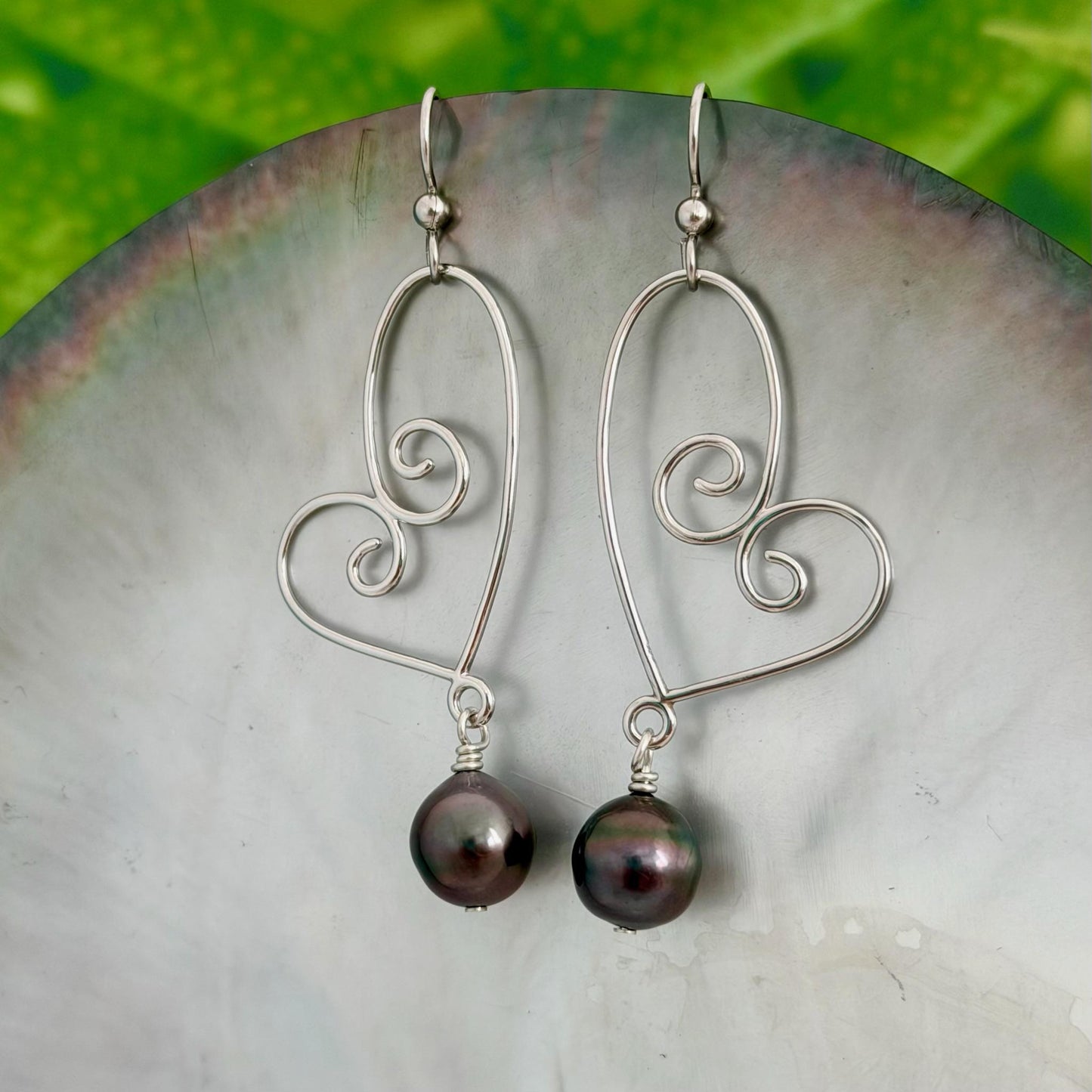 Tahitian Pearl Dangle Earrings • Sterling silver heart jewelry
