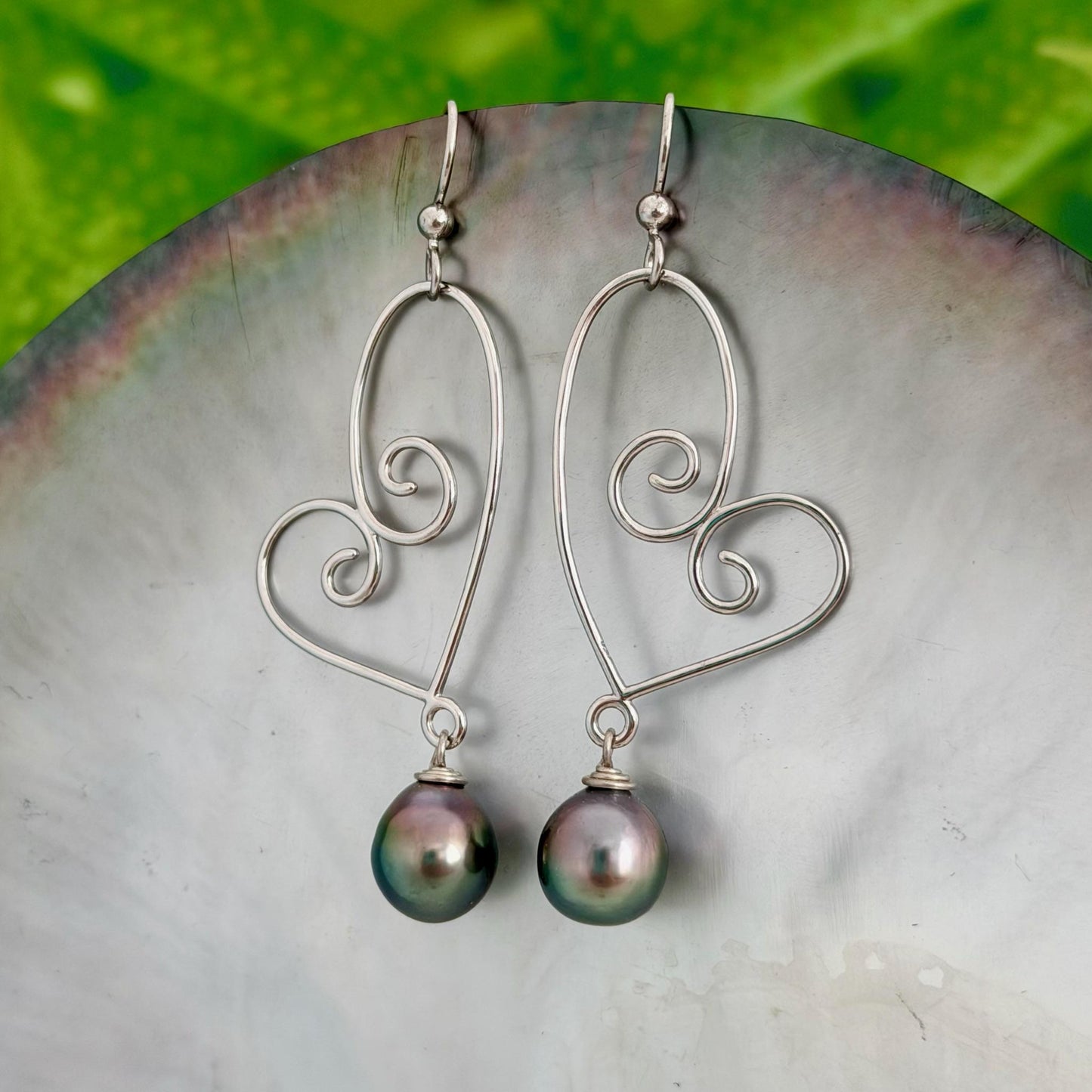 Tahitian Pearl Dangle Earrings • Sterling silver heart jewelry