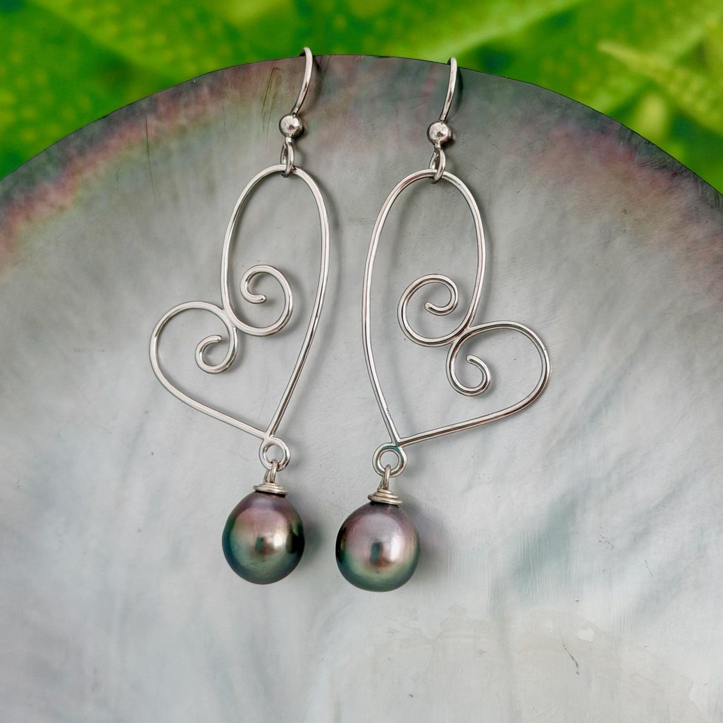 Tahitian pearl heart earrings in sterling silver