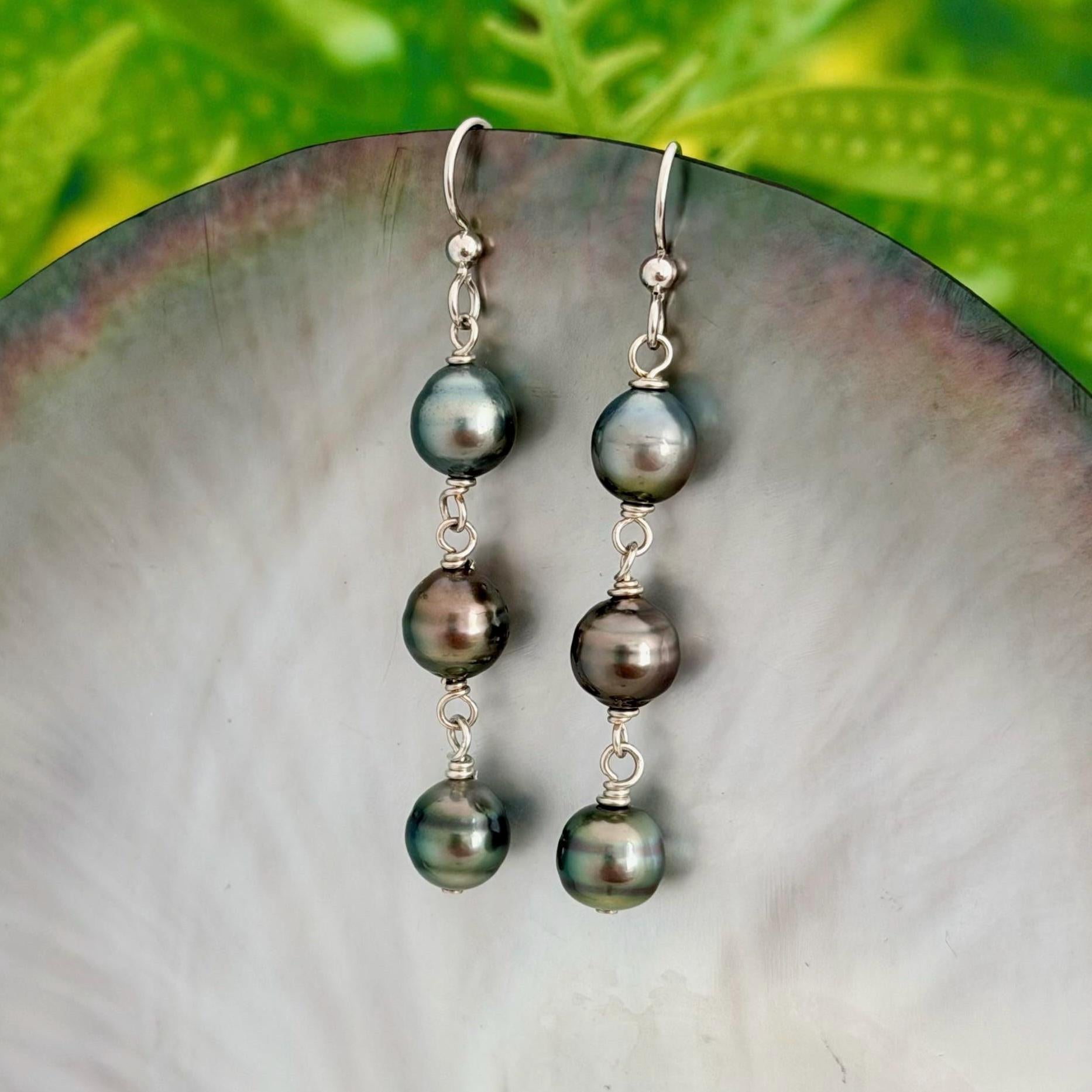 Tahitian Pearl Earrings • Triple Drop Dangle • Sterling silver Jewelry