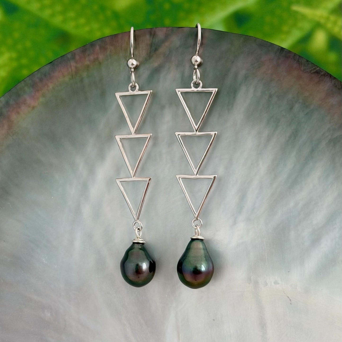 triple triangle dangle earrings with tahitian black pearl, in sterling silver