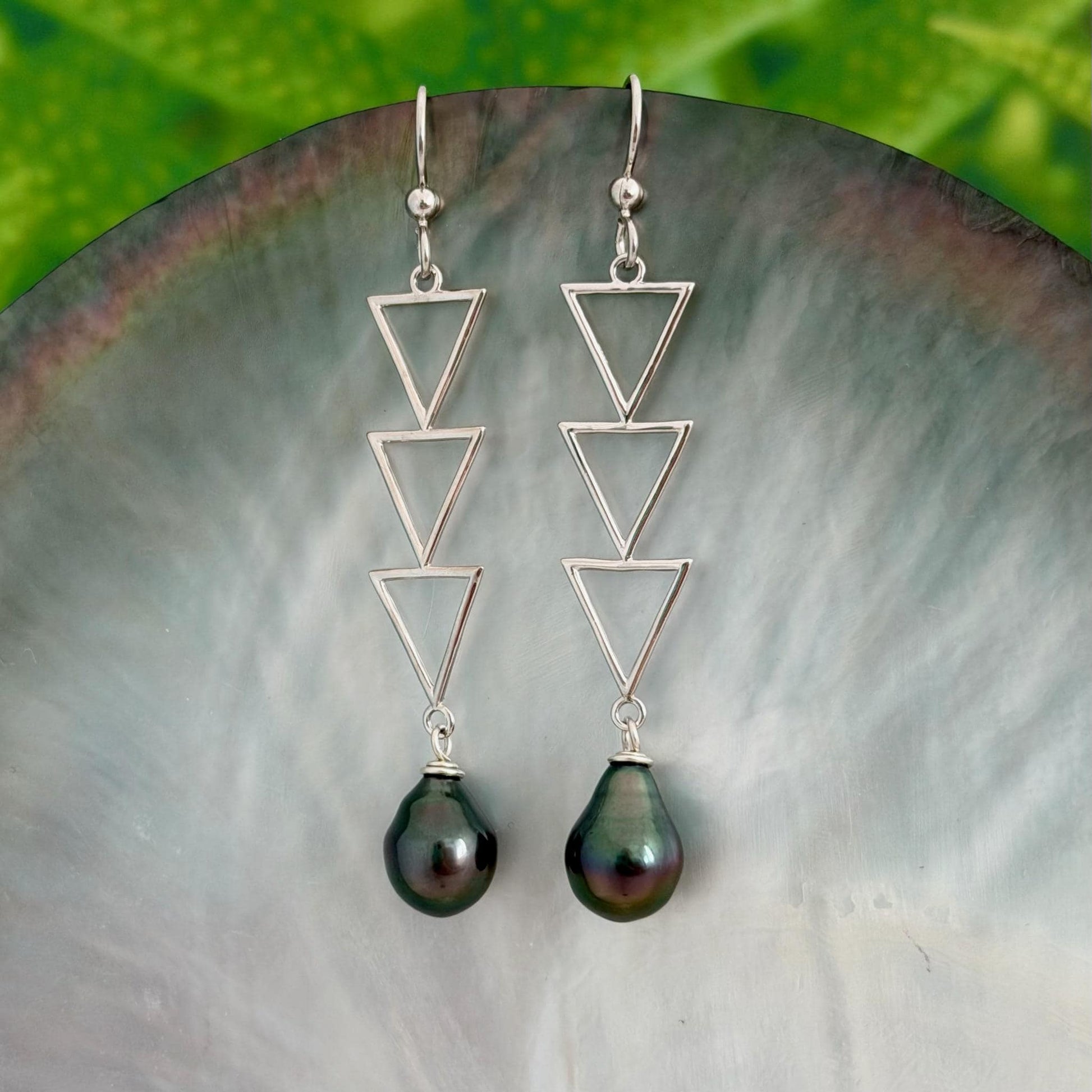 triple triangle dangle earrings with tahitian black pearl, in sterling silver
