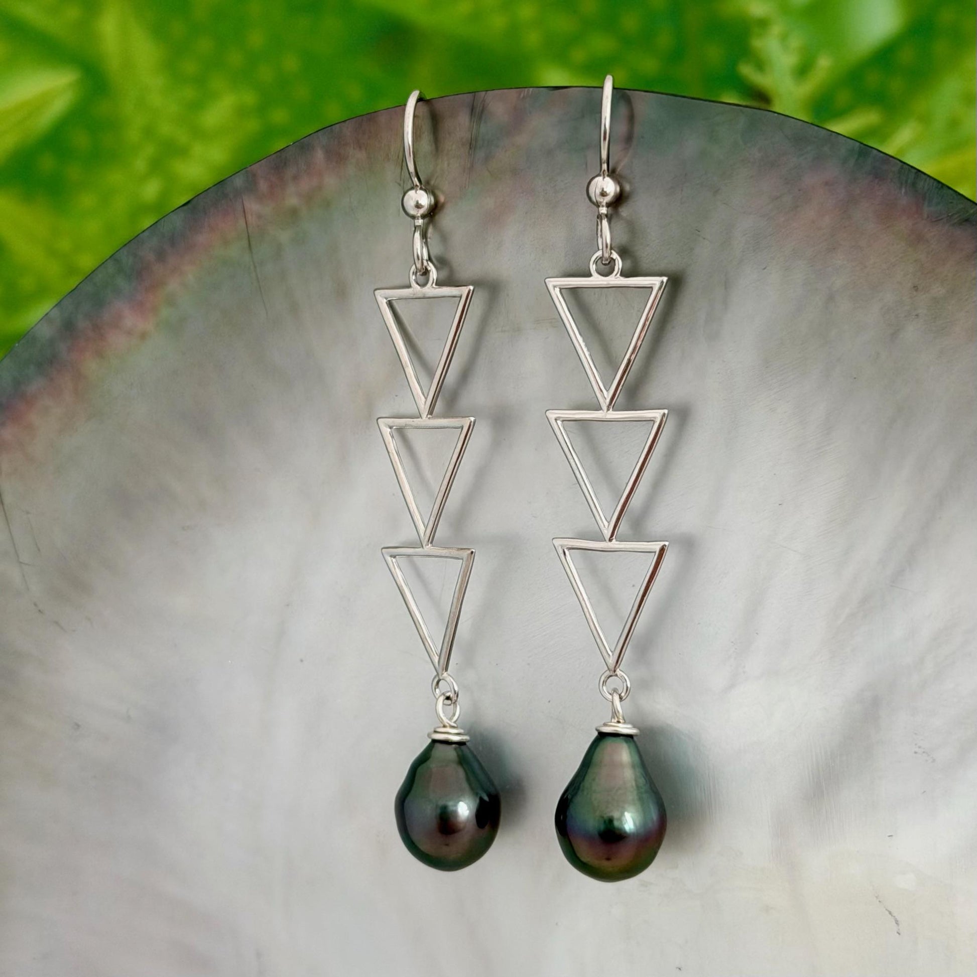 DOORBUSTER Triangle Tahitian Pearl Earrings • Triple dangle jewelry