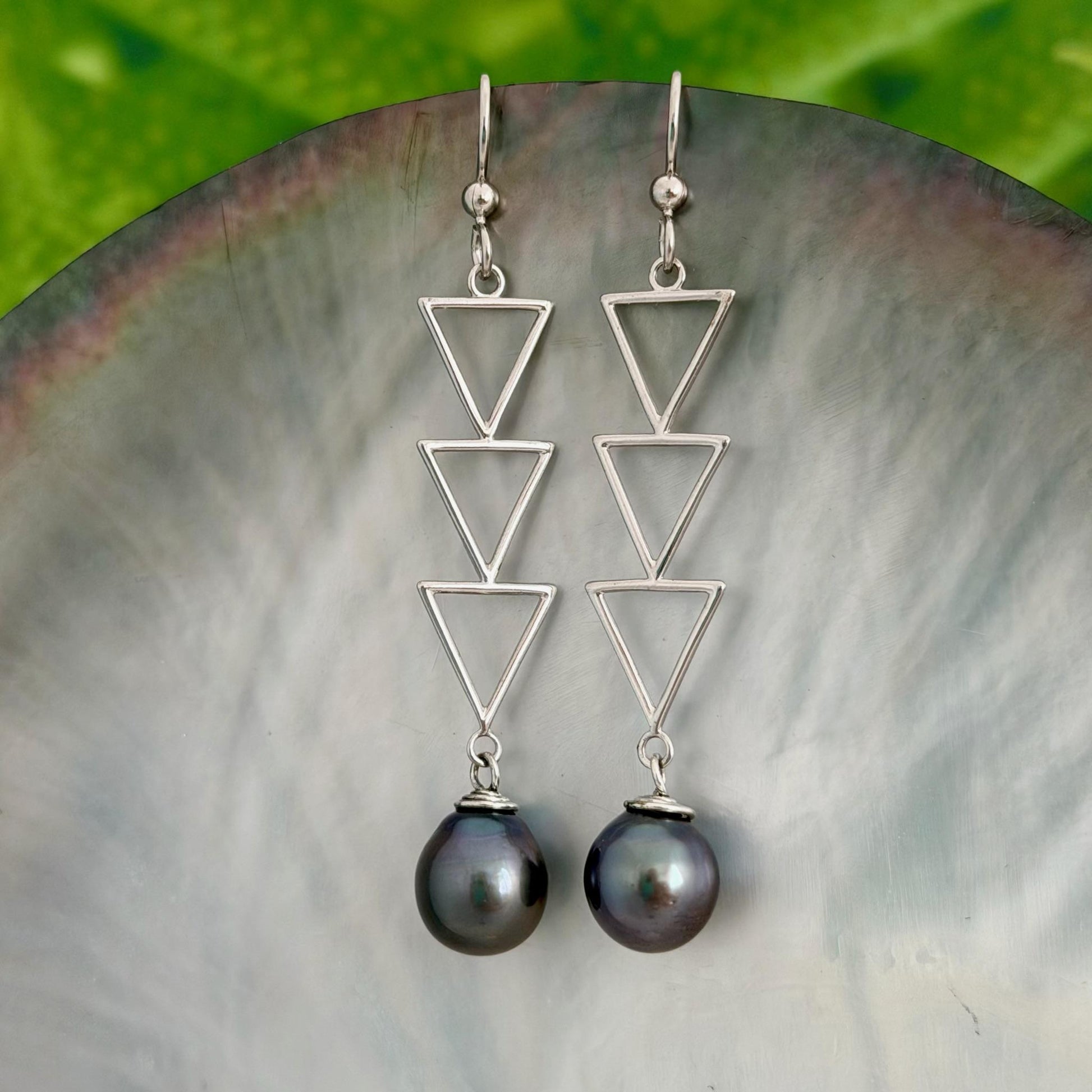 DOORBUSTER Triangle Tahitian Pearl Earrings • Triple dangle jewelry