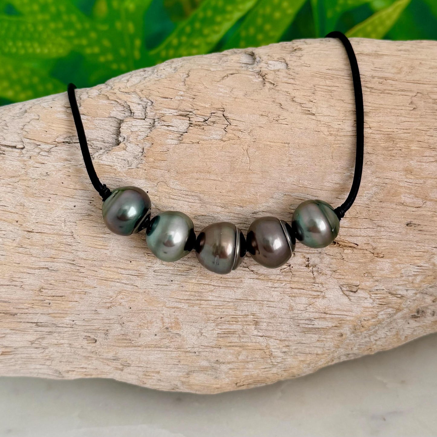 Tahitian pearl leather necklace • Big 13mm+ • black cord jewelry