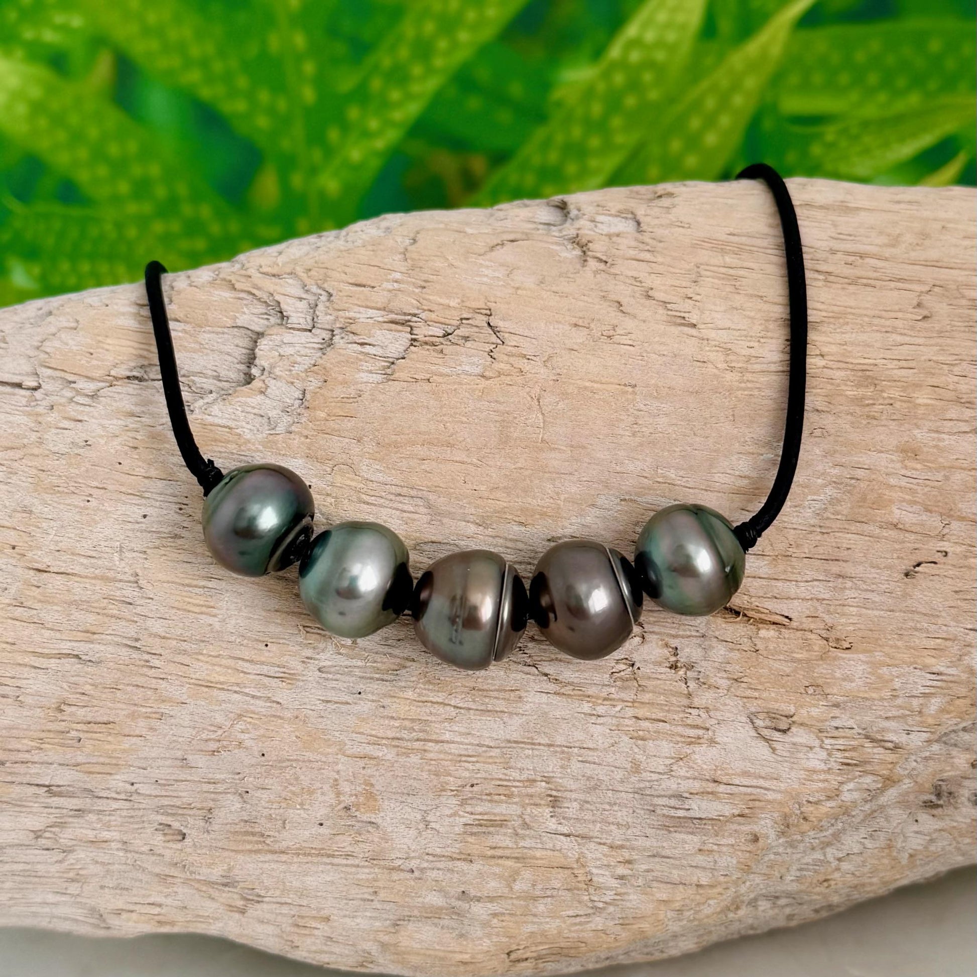 Tahitian pearl leather necklace • Big 13mm+ • black cord jewelry