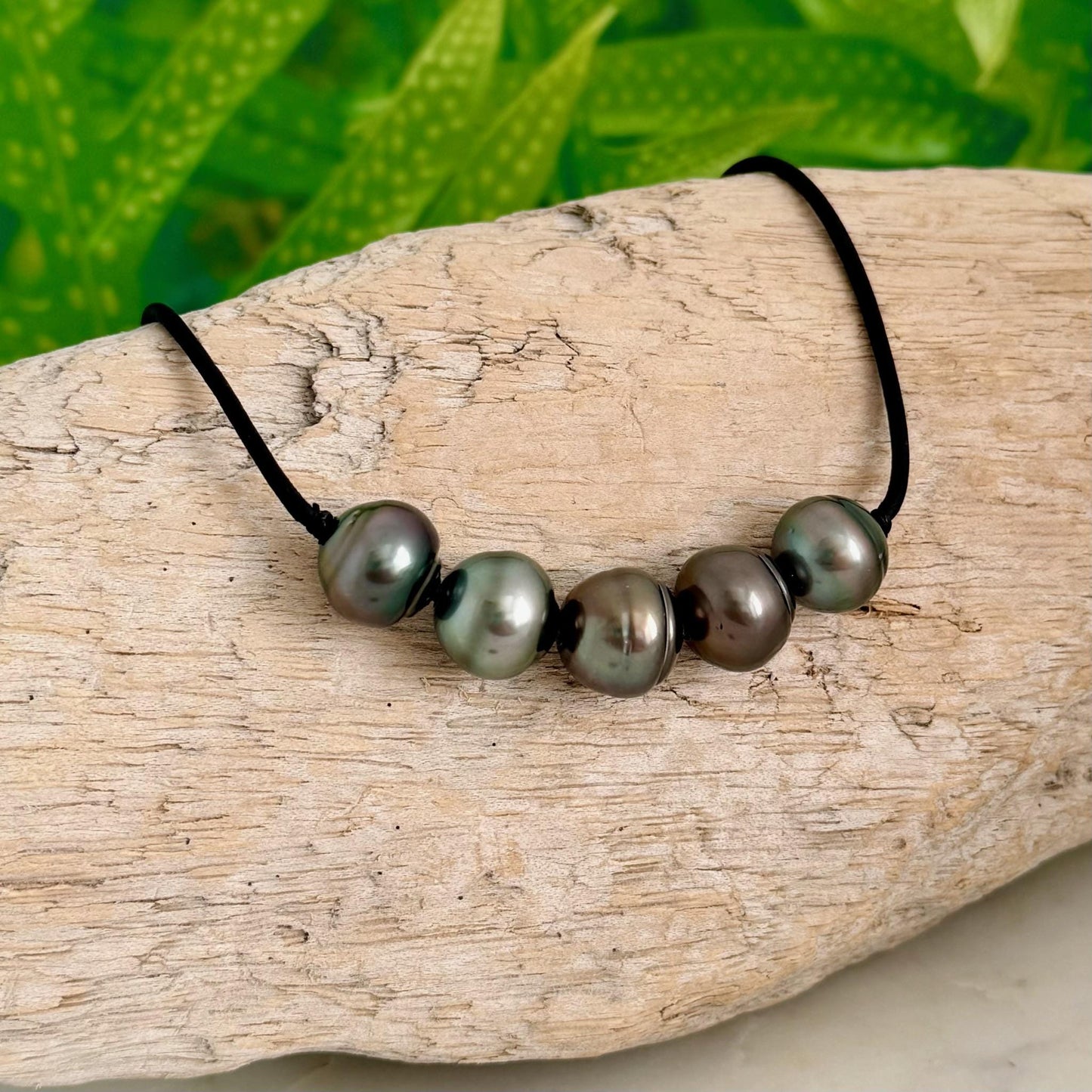 Tahitian pearl leather necklace • Big 13mm+ • black cord jewelry