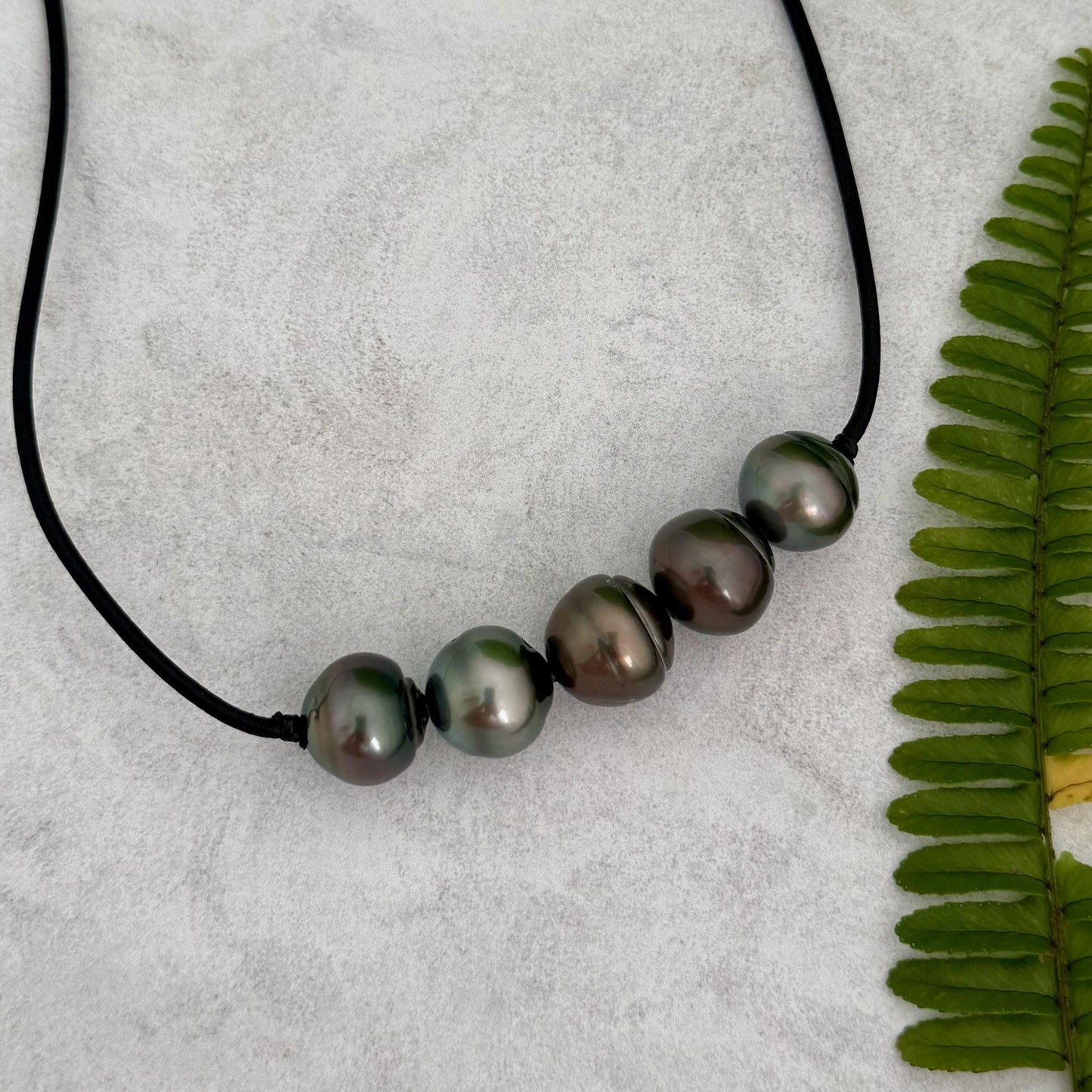 Tahitian pearl leather necklace • Big 13mm+ • black cord jewelry