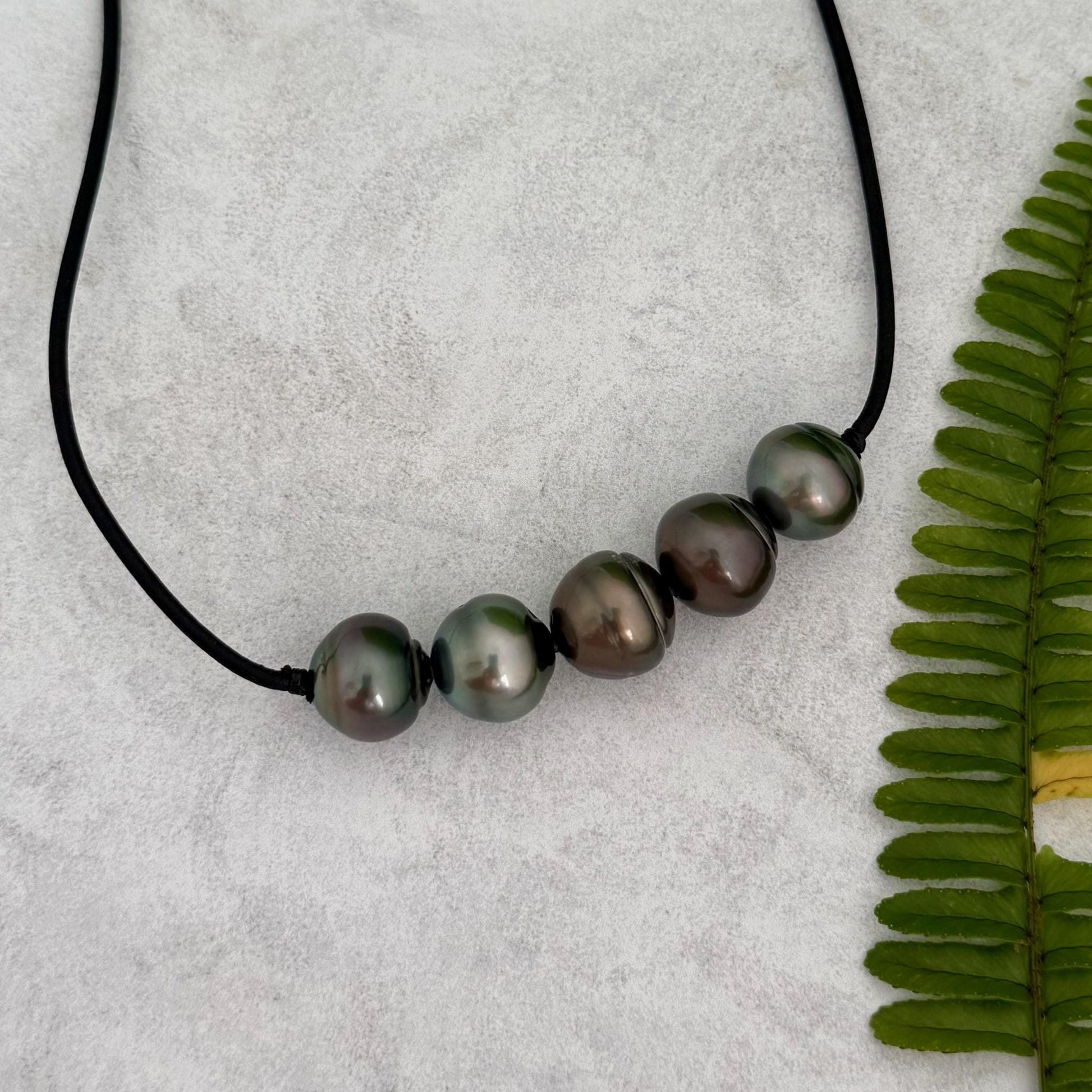 Tahitian pearl leather necklace • Big 13mm+ • black cord jewelry