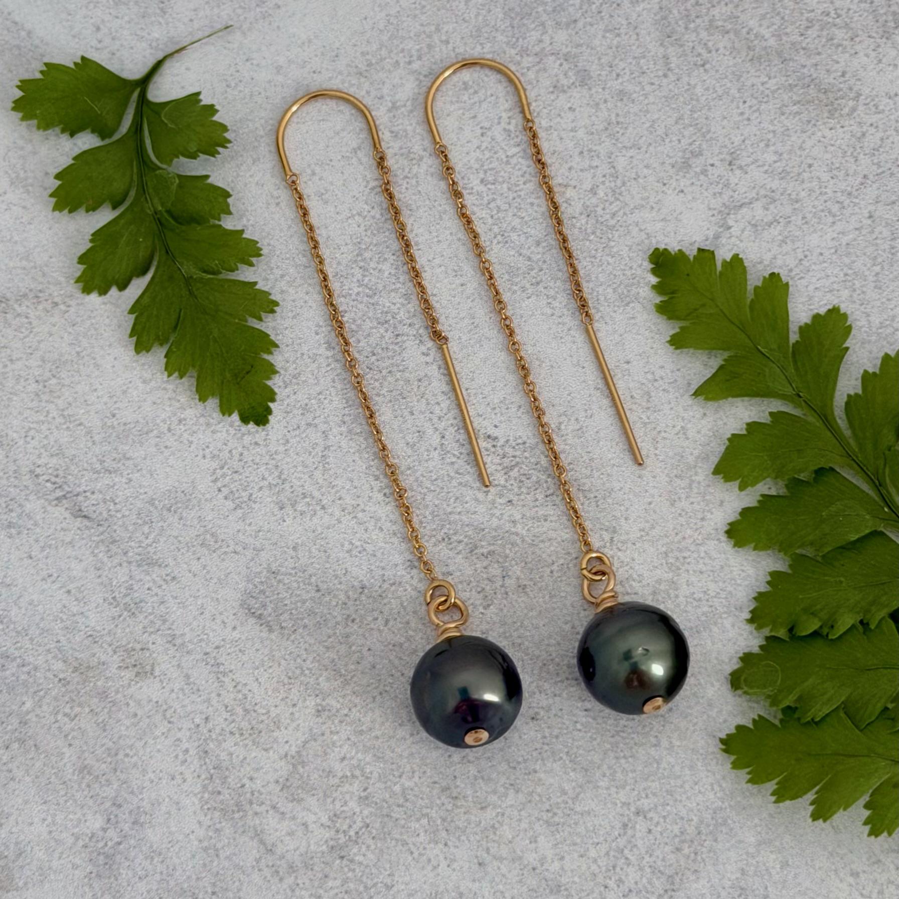 Tahitian Pearl Threader Earrings: 14k Gold Filled Dangle Jewelry