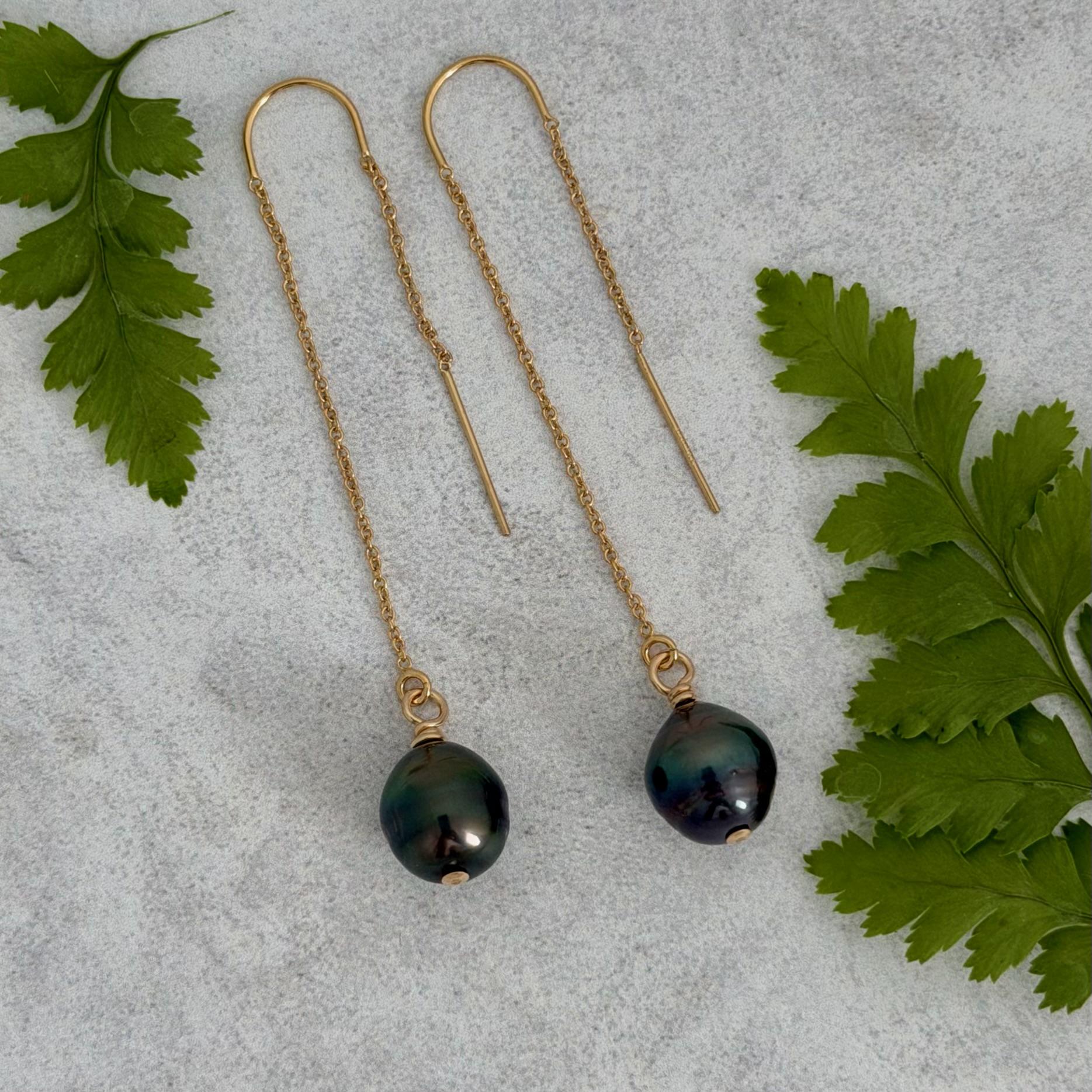 Tahitian Pearl Threader Earrings: 14k Gold Filled Dangle Jewelry