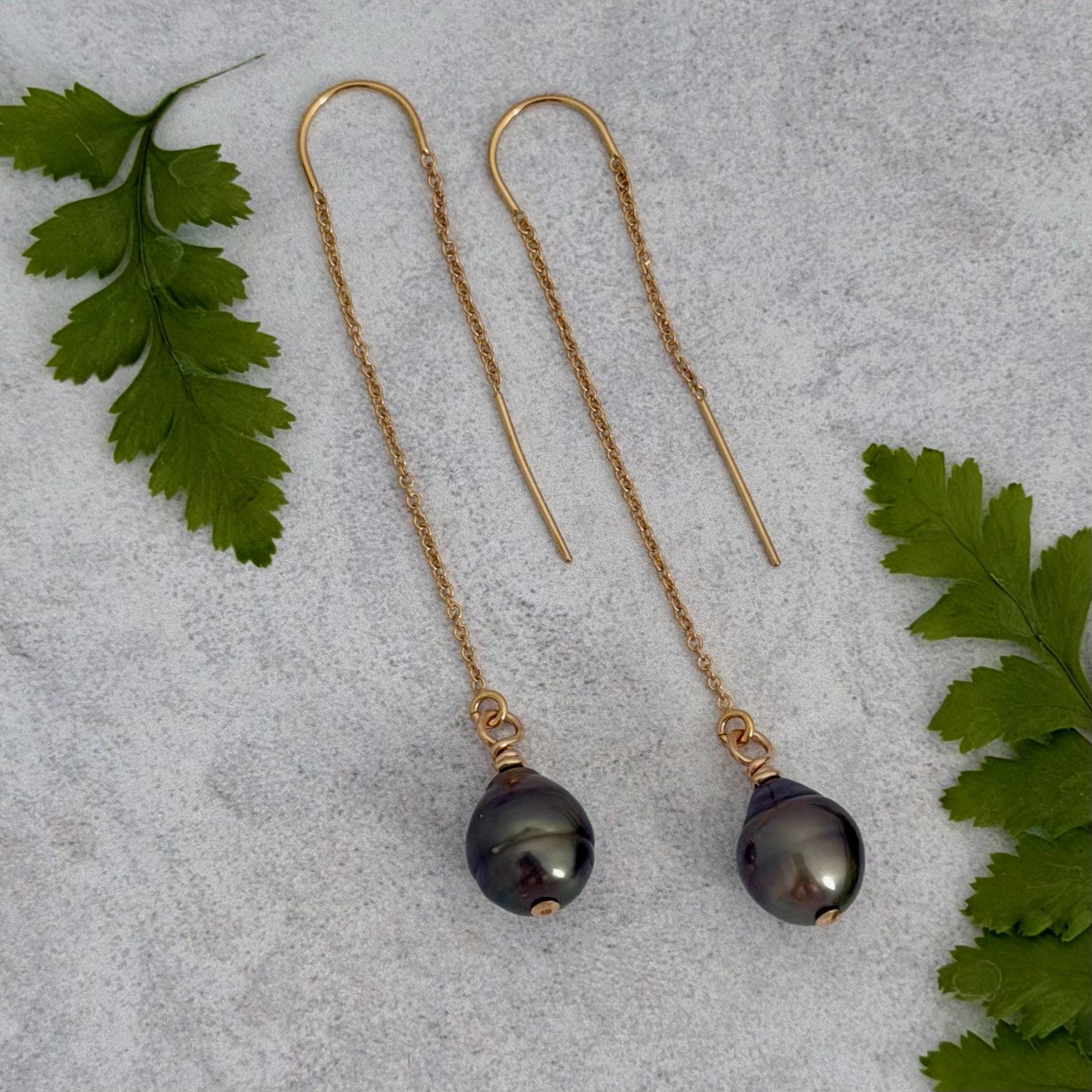 Tahitian Pearl Threader Earrings: 14k Gold Filled Dangle Jewelry