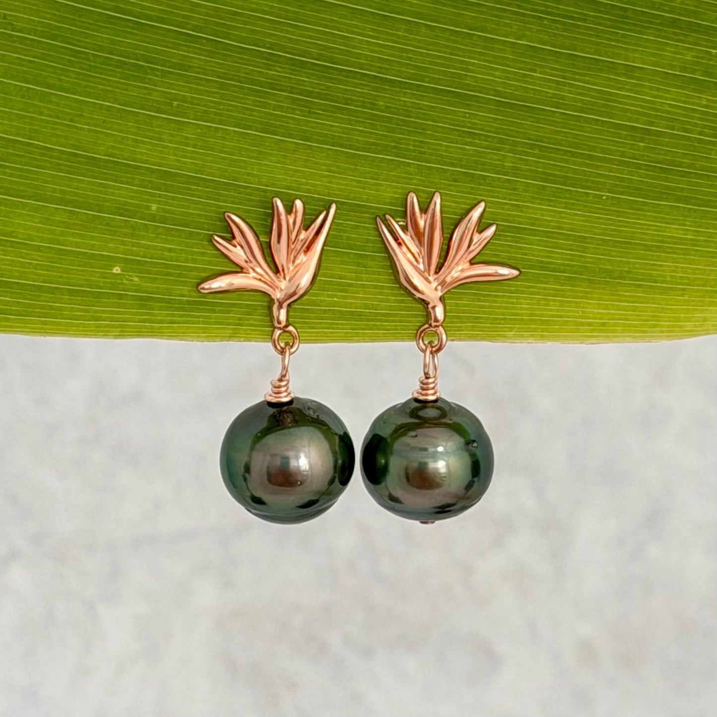 Tahitian Pearl Earrings • Rose Gold Bird of Paradise Studs • Hawaiian Jewelry Gift