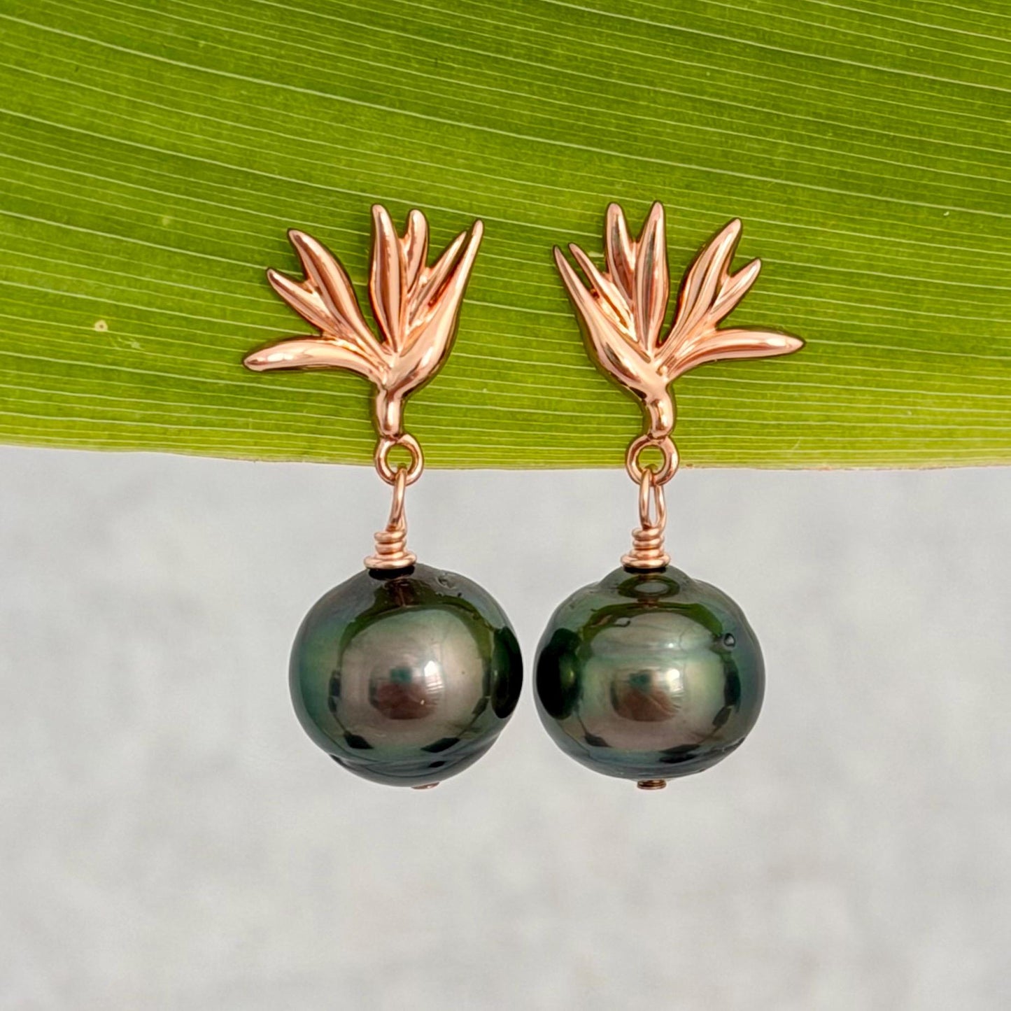Tahitian Pearl Earrings • Rose Gold Bird of Paradise Studs • Hawaiian Jewelry Gift