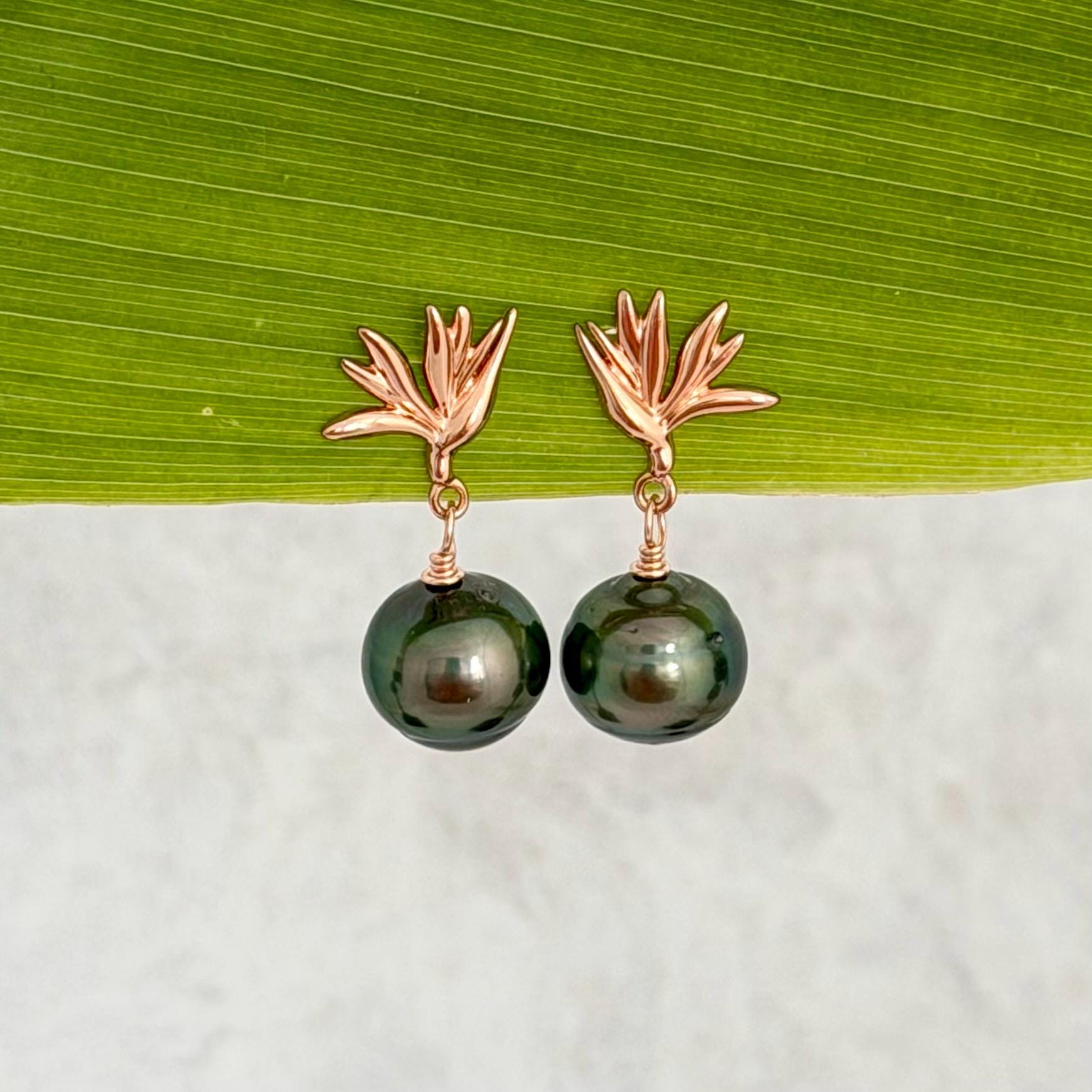 Tahitian Pearl Earrings • Rose Gold Bird of Paradise Studs • Hawaiian Jewelry Gift