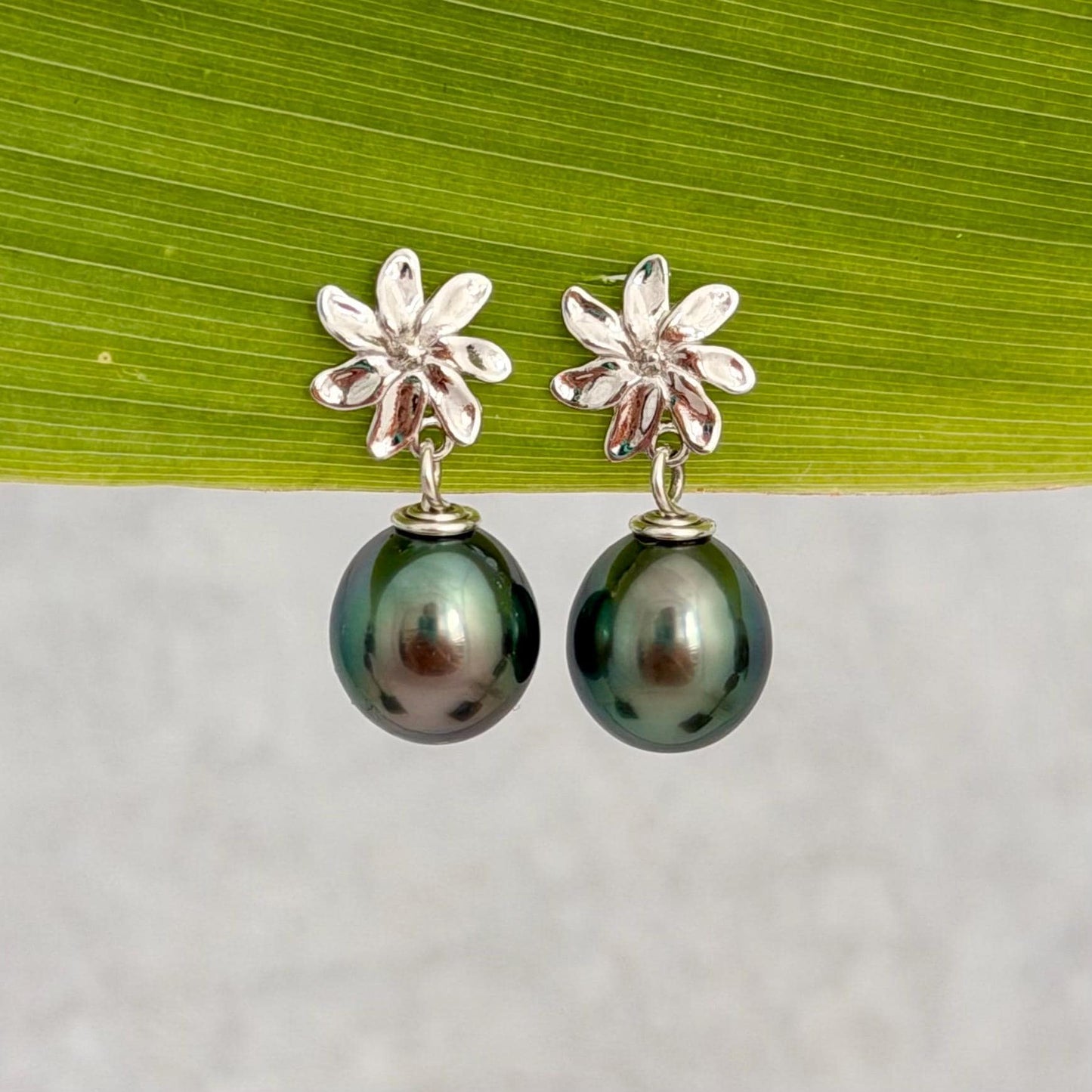 Tahitian pearl earrings — Gardenia Tiare flower • Sterling silver jewelry