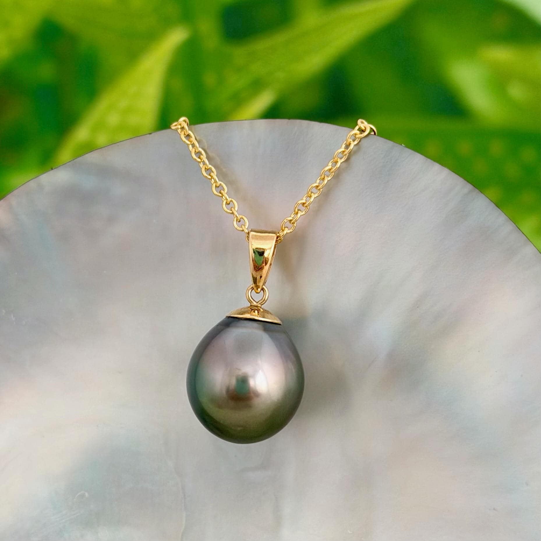 12.3mm Peacock Tahitian Pearl Pendant: Solid Gold • Minimalist Necklace, Colorful Overtone