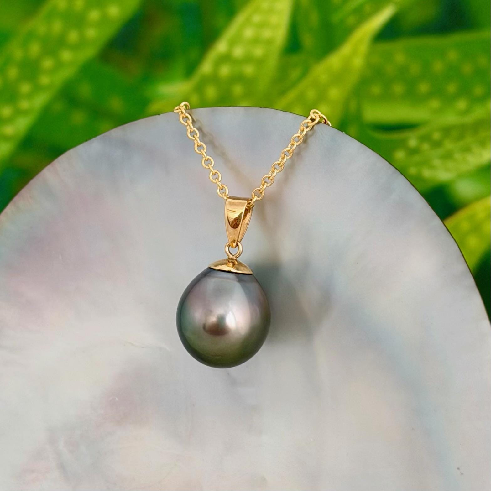 12.3mm Peacock Tahitian Pearl Pendant: Solid Gold • Minimalist Necklace, Colorful Overtone