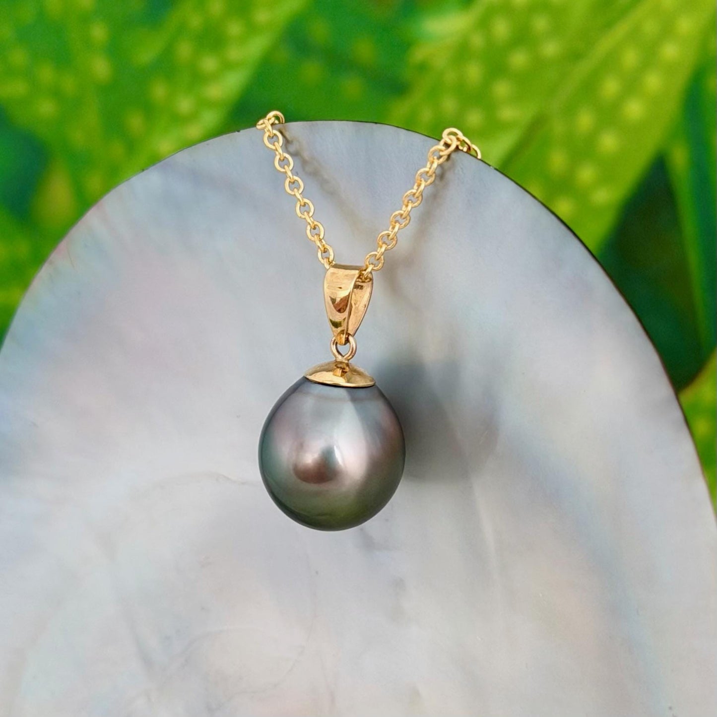 12.3mm Peacock Tahitian Pearl Pendant: Solid Gold • Minimalist Necklace, Colorful Overtone