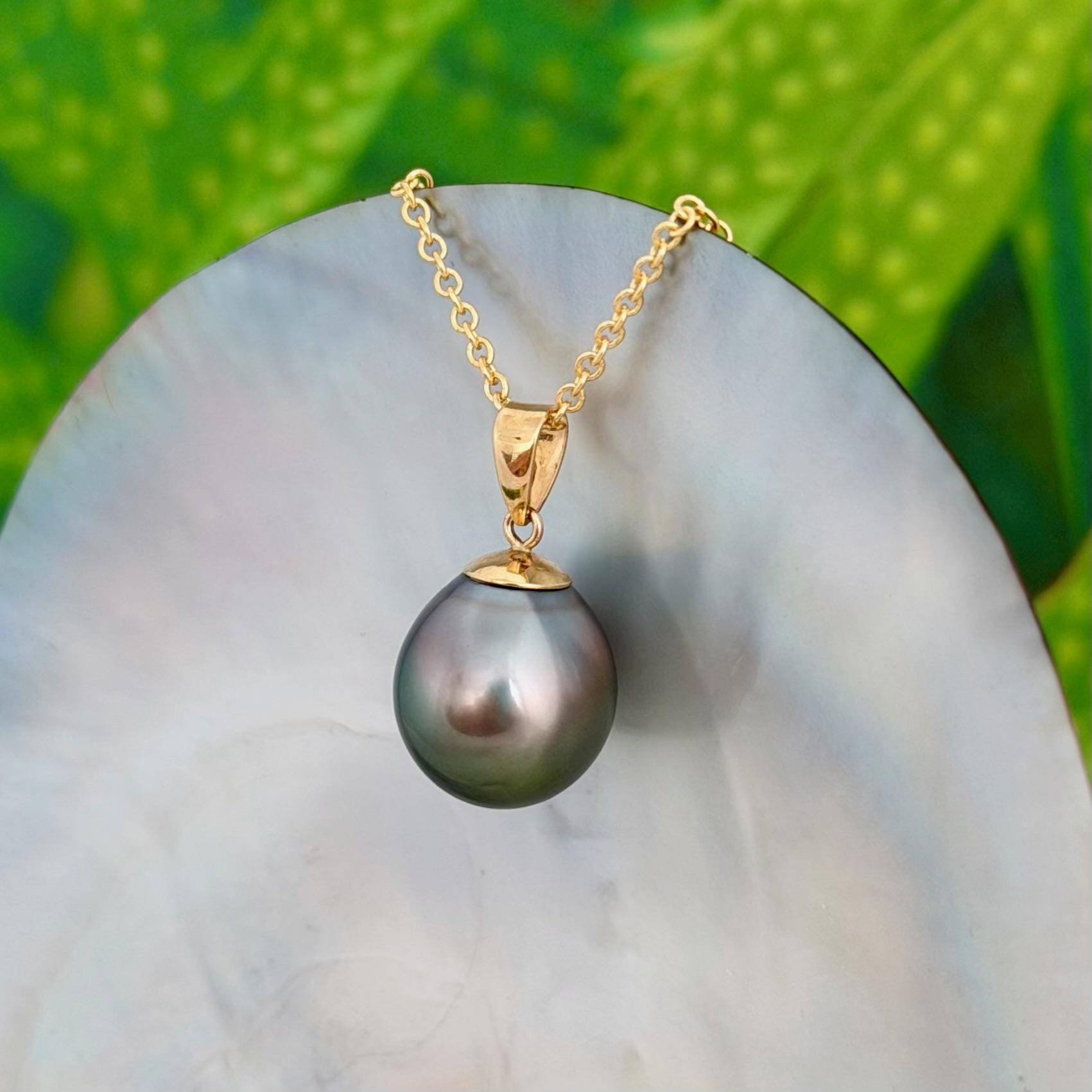 12.3mm Peacock Tahitian Pearl Pendant: Solid Gold • Minimalist Necklace, Colorful Overtone