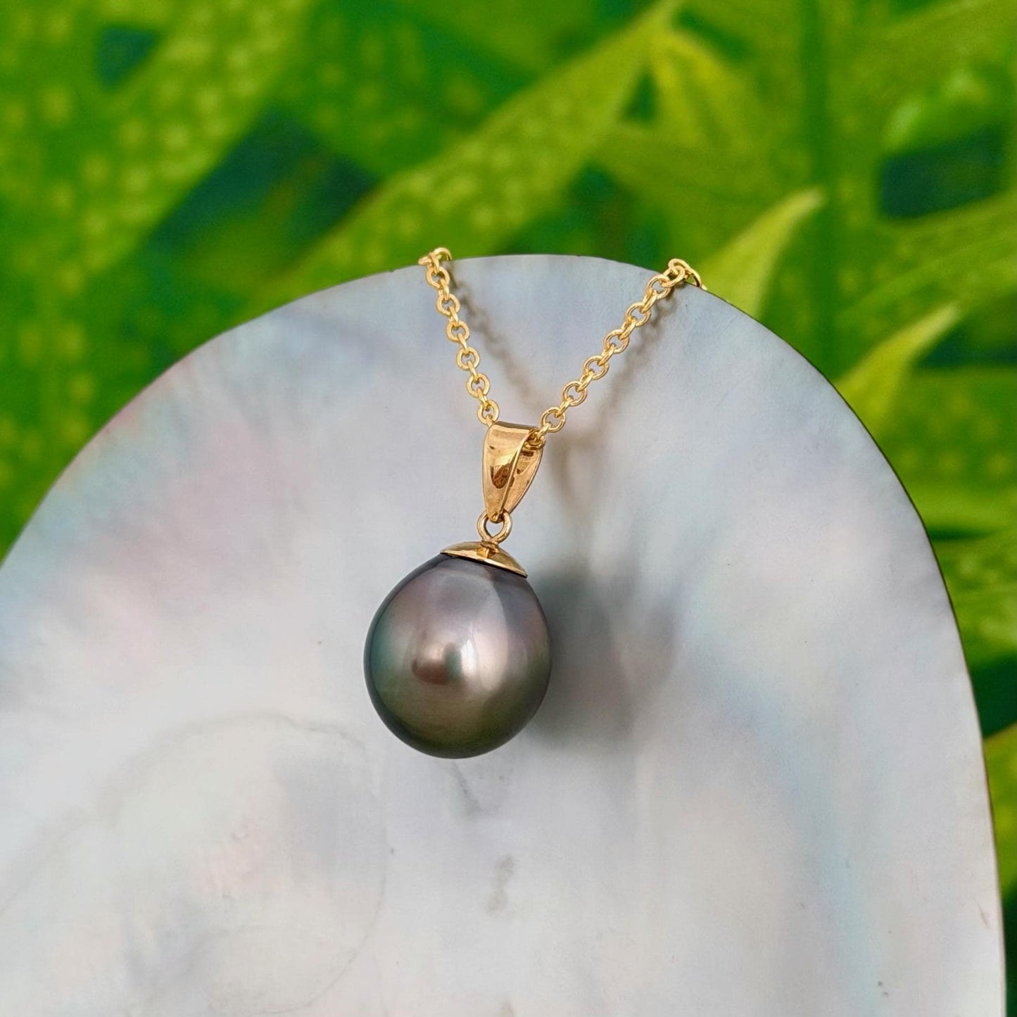 12.3mm Peacock Tahitian Pearl Pendant: Solid Gold • Minimalist Necklace, Colorful Overtone