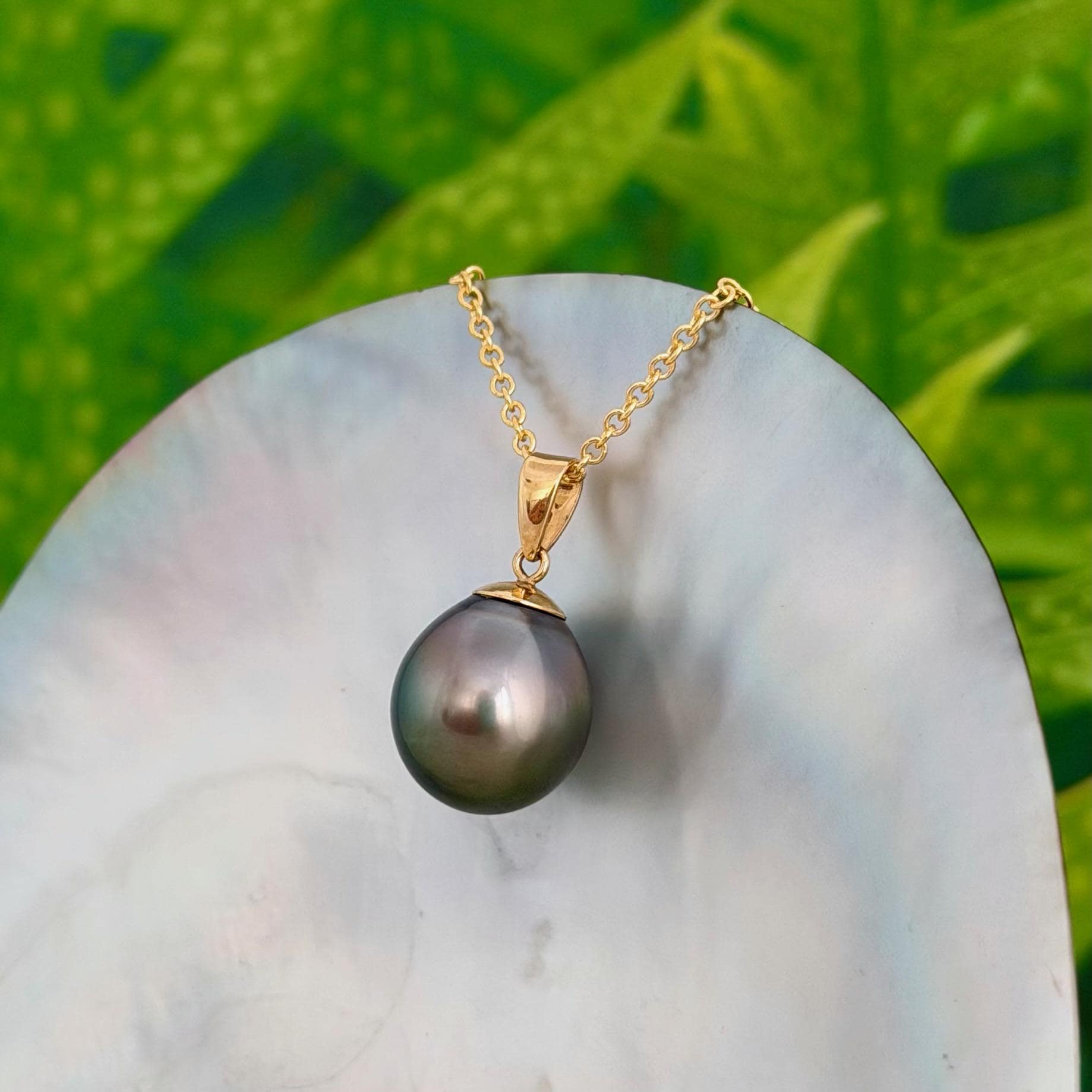 12.3mm Peacock Tahitian Pearl Pendant: Solid Gold • Minimalist Necklace, Colorful Overtone