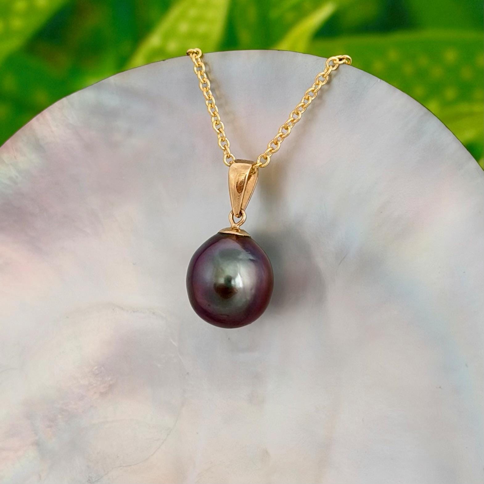 10.8mm Aubergine Tahitian Pearl Pendant: Solid Gold • Minimalist Necklace, Colorful Overtone