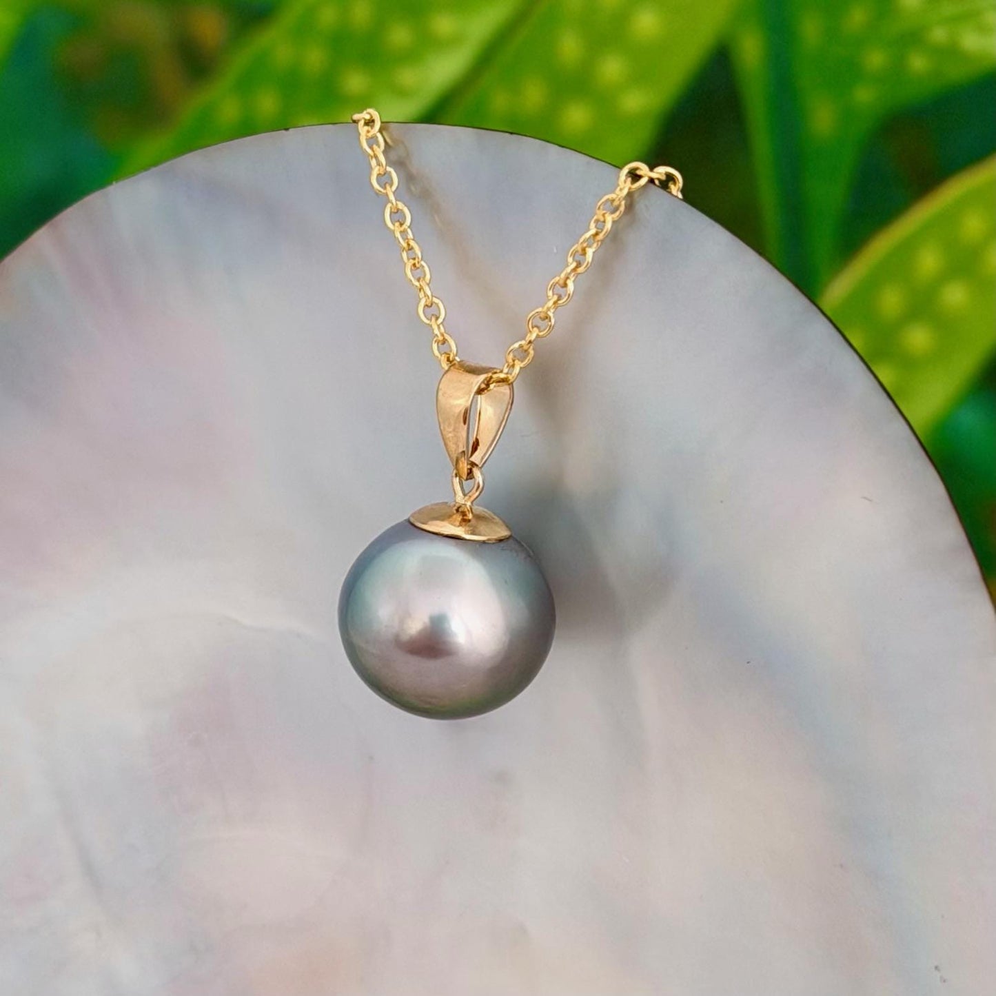 12.7mm Teal Blue Tahitian Pearl Pendant: Solid Gold • Minimalist Necklace, Colorful Overtone