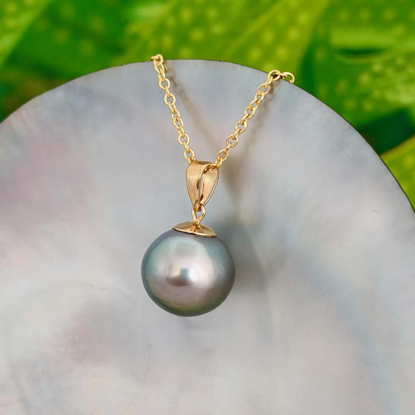 12.7mm Teal Blue Tahitian Pearl Pendant: Solid Gold • Minimalist Necklace, Colorful Overtone