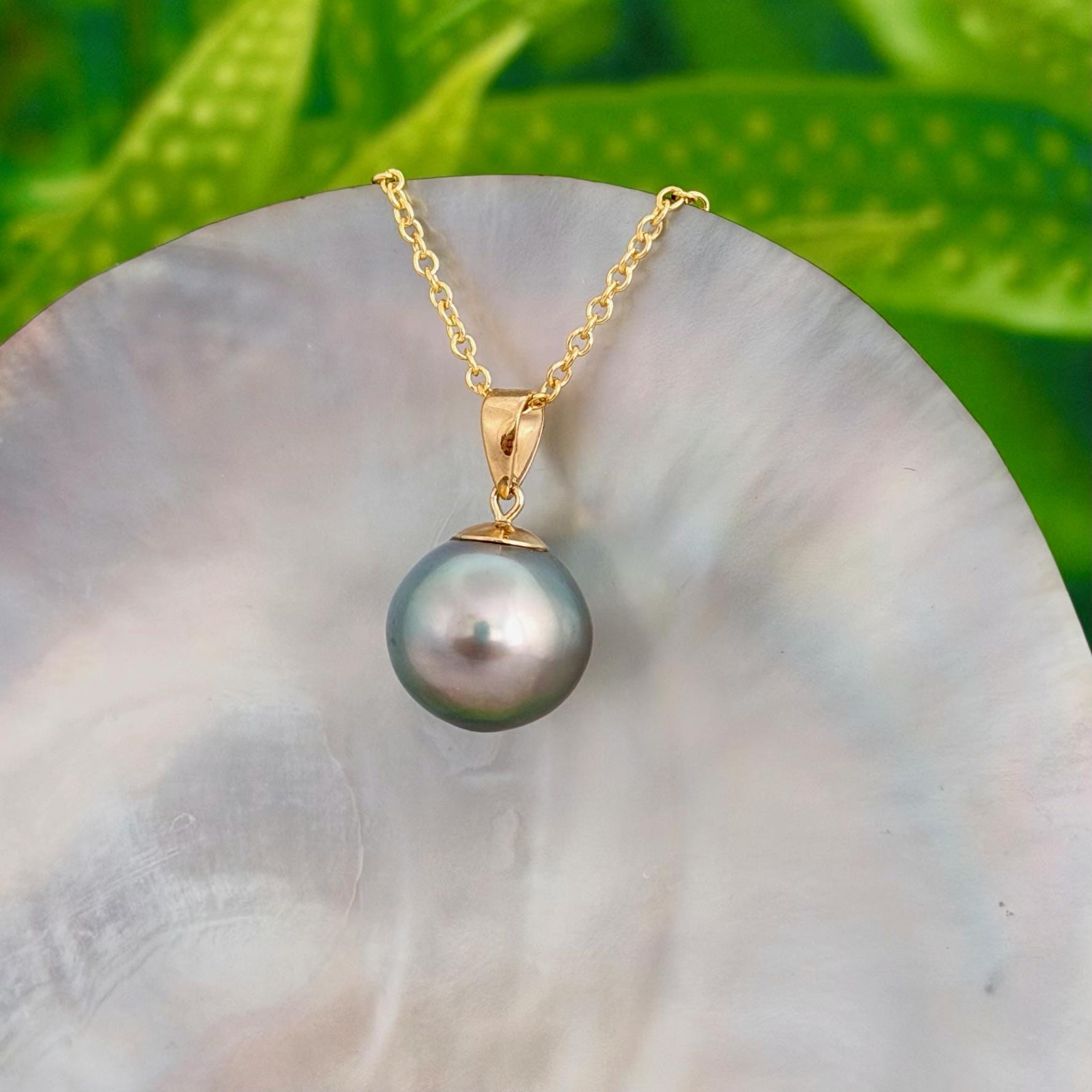 12.7mm Teal Blue Tahitian Pearl Pendant: Solid Gold • Minimalist Necklace, Colorful Overtone