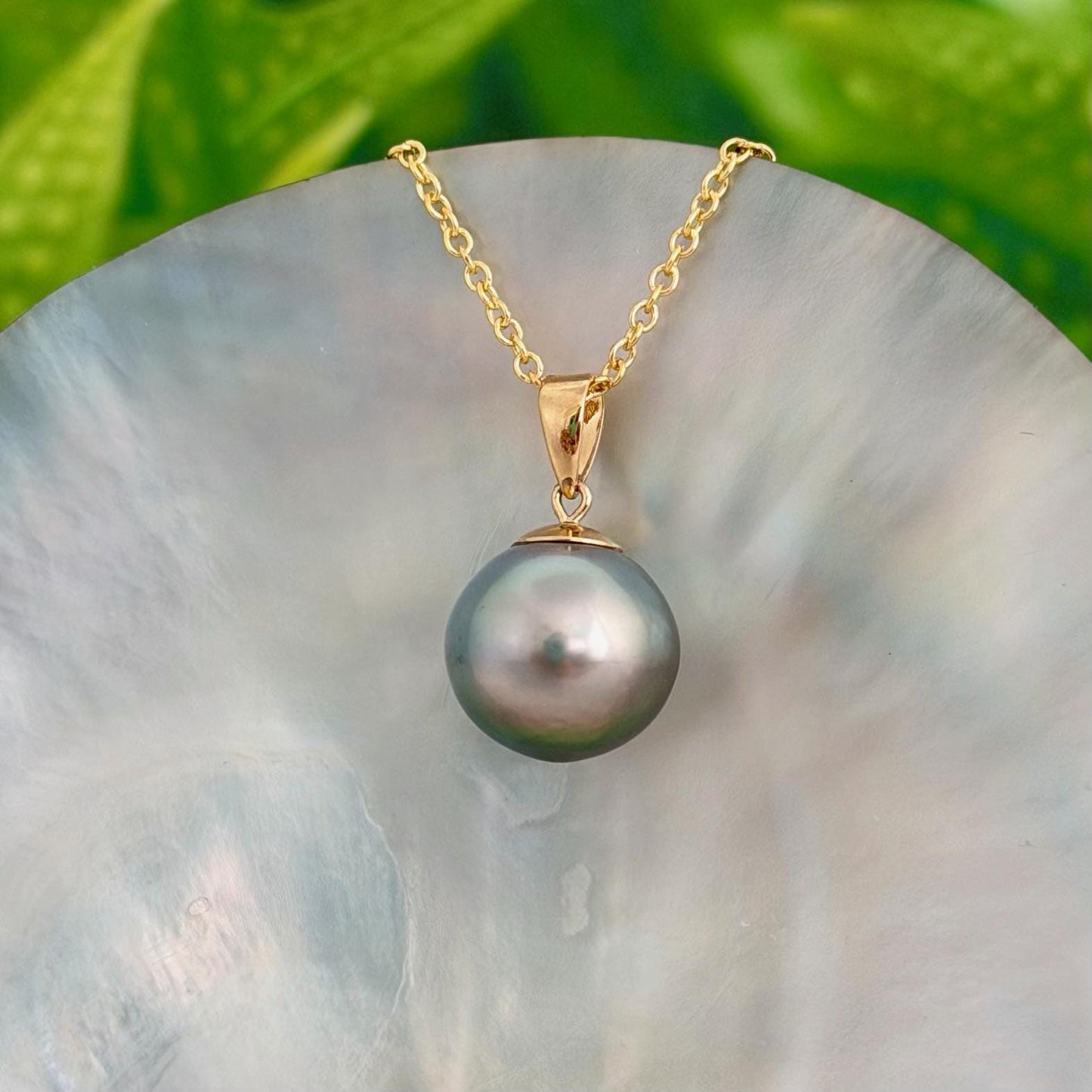 12.7mm Teal Blue Tahitian Pearl Pendant: Solid Gold • Minimalist Necklace, Colorful Overtone