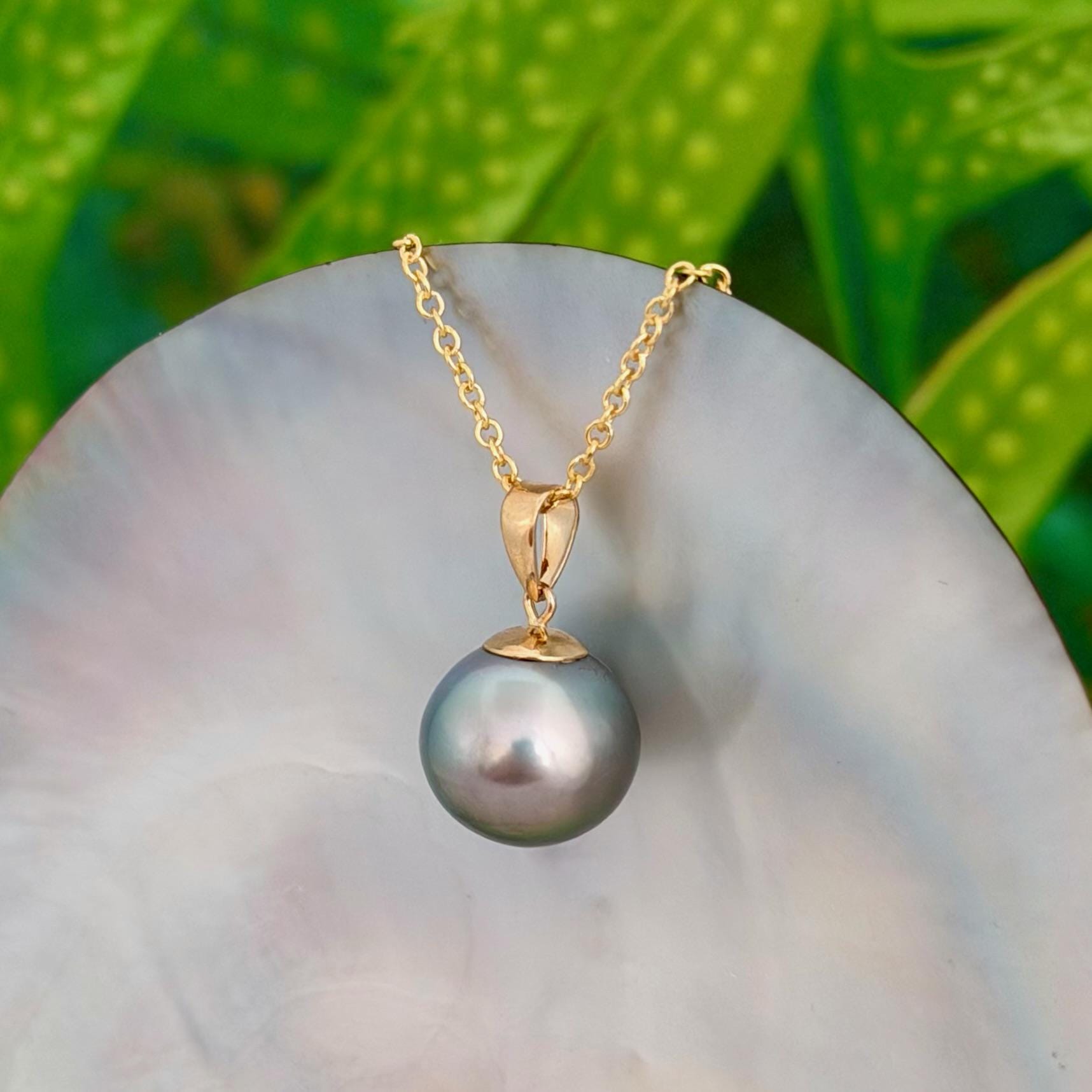 12.7mm Teal Blue Tahitian Pearl Pendant: Solid Gold • Minimalist Necklace, Colorful Overtone