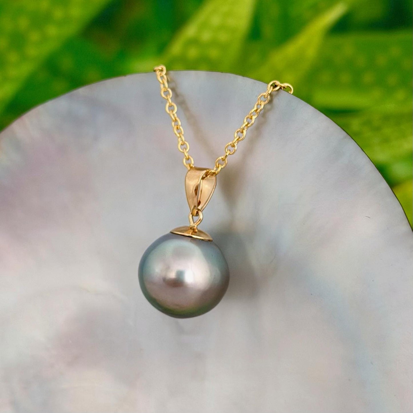 12.7mm Teal Blue Tahitian Pearl Pendant: Solid Gold • Minimalist Necklace, Colorful Overtone