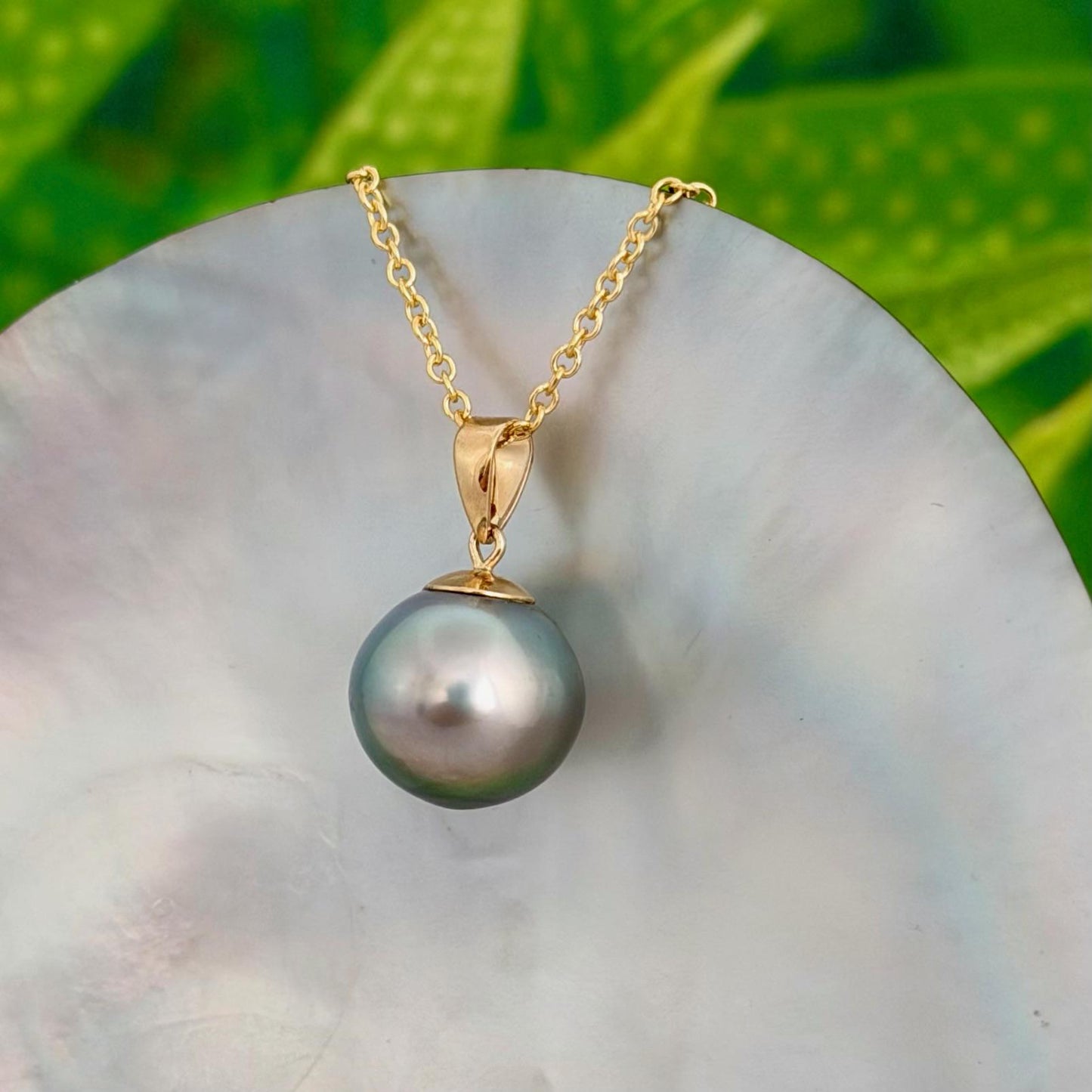 12.7mm Teal Blue Tahitian Pearl Pendant: Solid Gold • Minimalist Necklace, Colorful Overtone