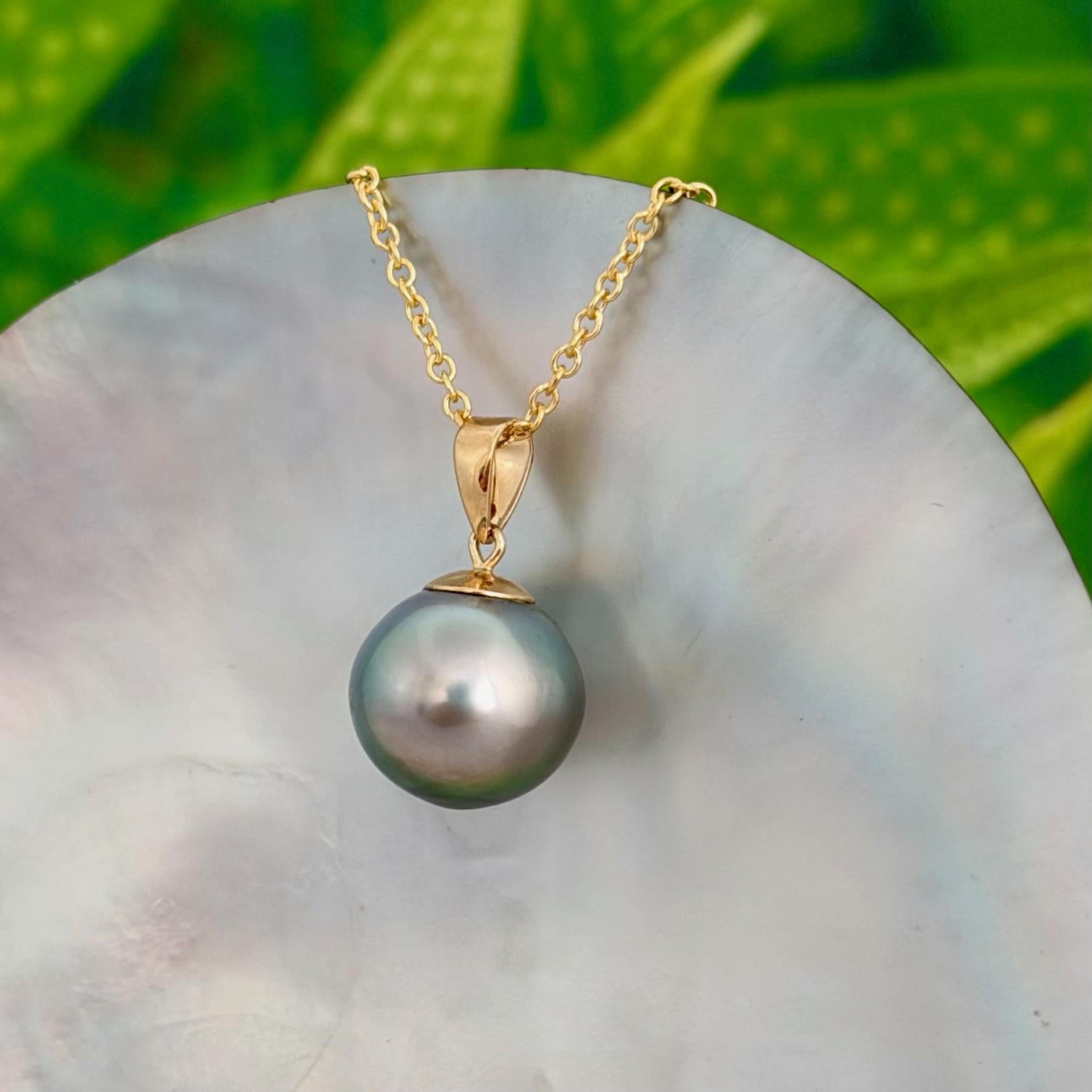 12.7mm Teal Blue Tahitian Pearl Pendant: Solid Gold • Minimalist Necklace, Colorful Overtone