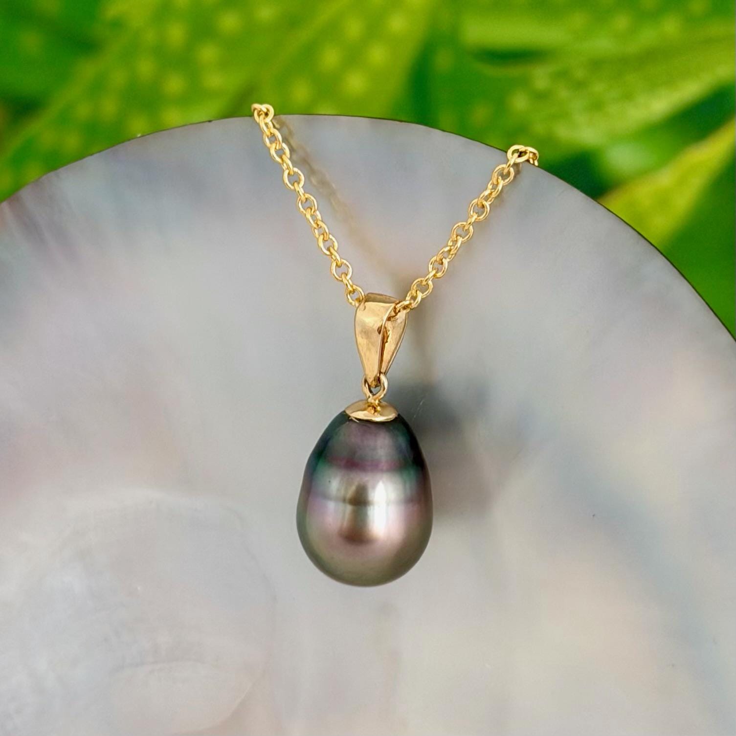 10.5mm Peacock Purple Tahitian Pearl Pendant: Solid Gold • Minimalist Necklace, Colorful Overtone