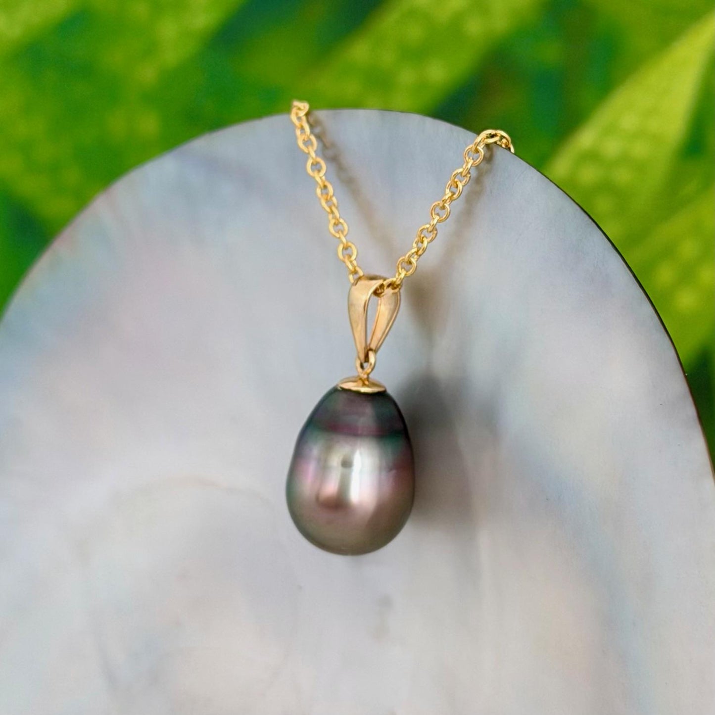 10.5mm Peacock Purple Tahitian Pearl Pendant: Solid Gold • Minimalist Necklace, Colorful Overtone