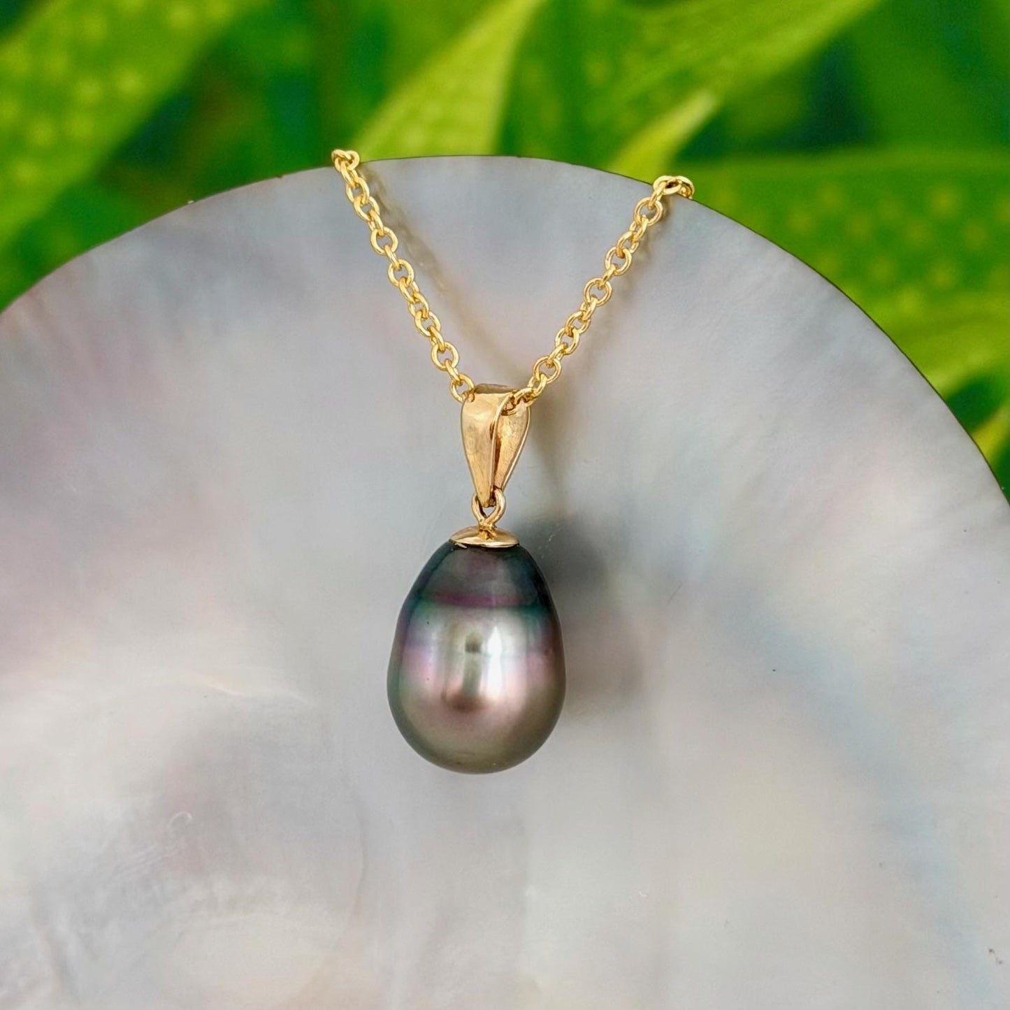 10.5mm Peacock Purple Tahitian Pearl Pendant: Solid Gold • Minimalist Necklace, Colorful Overtone